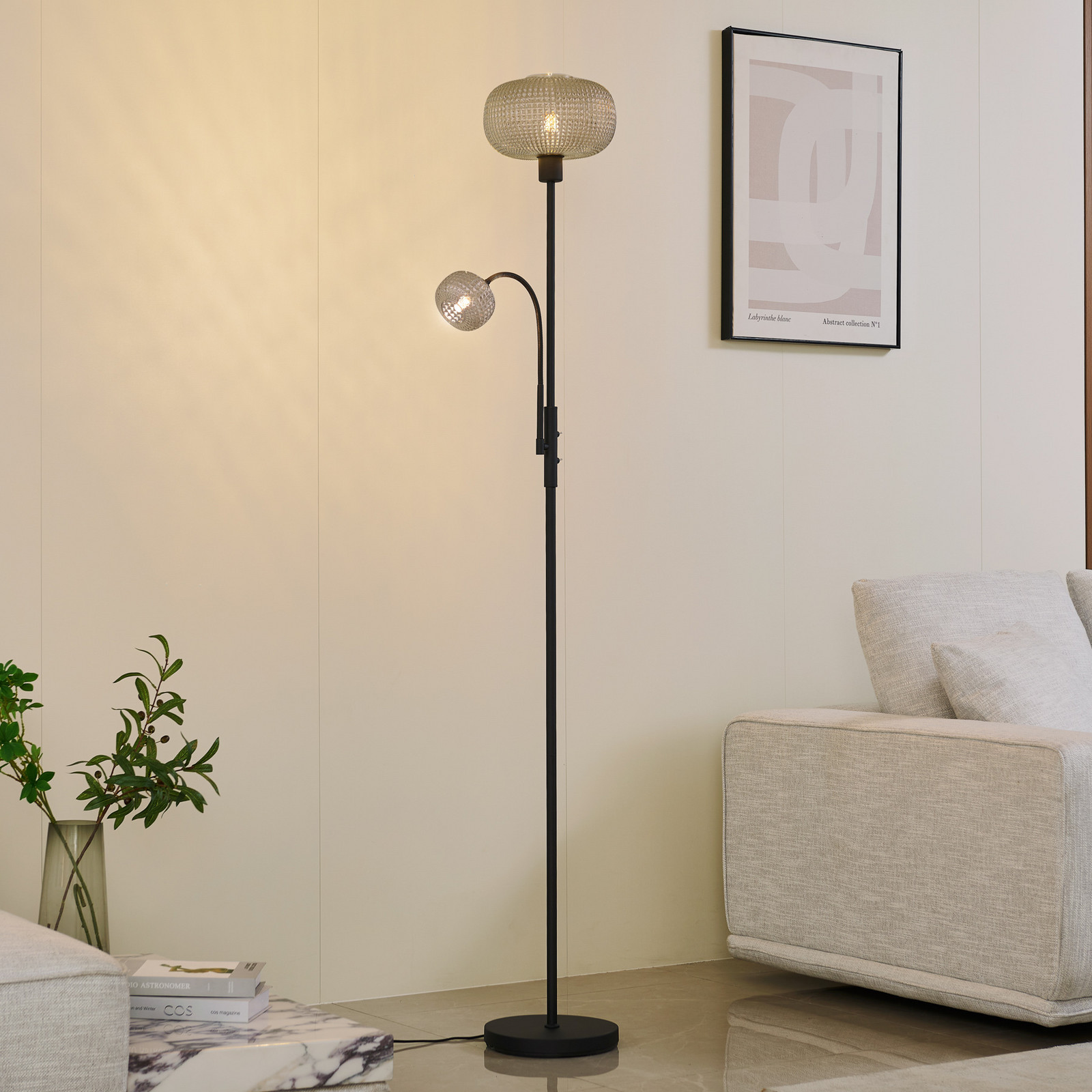 Lindby lampadar Aliette negru/gri sticlă lumină de lectură - Camera de zi / sufragerie - modern - negru gri fumuriu