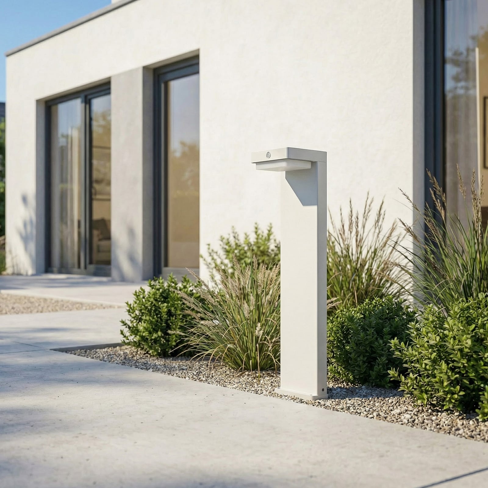 Eleazar LED solárne podlahové svietidlo, biele, hliník, senzor - Lindby