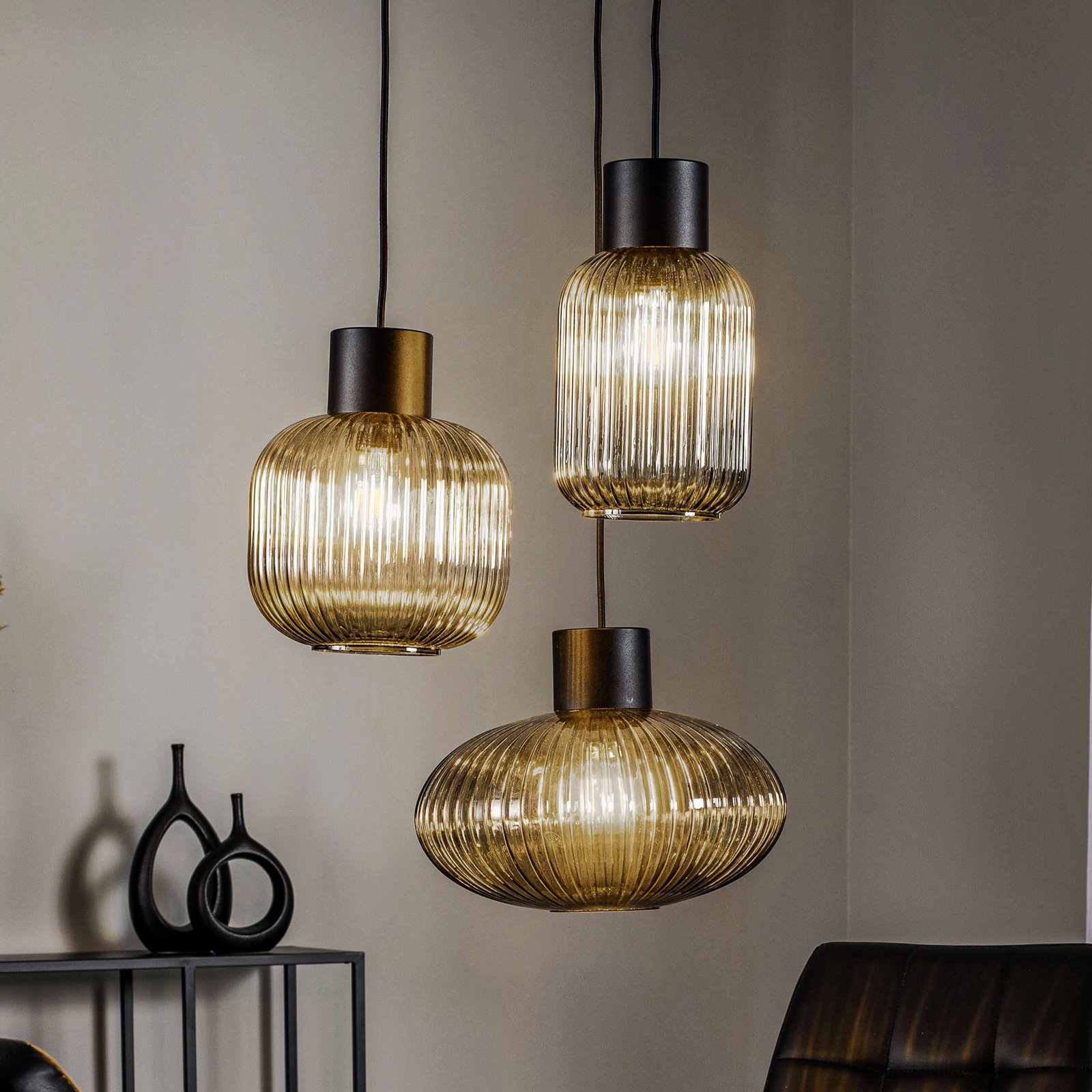 Lucande Lomeris hanglamp, 3-lamps, rond, rookgrijs