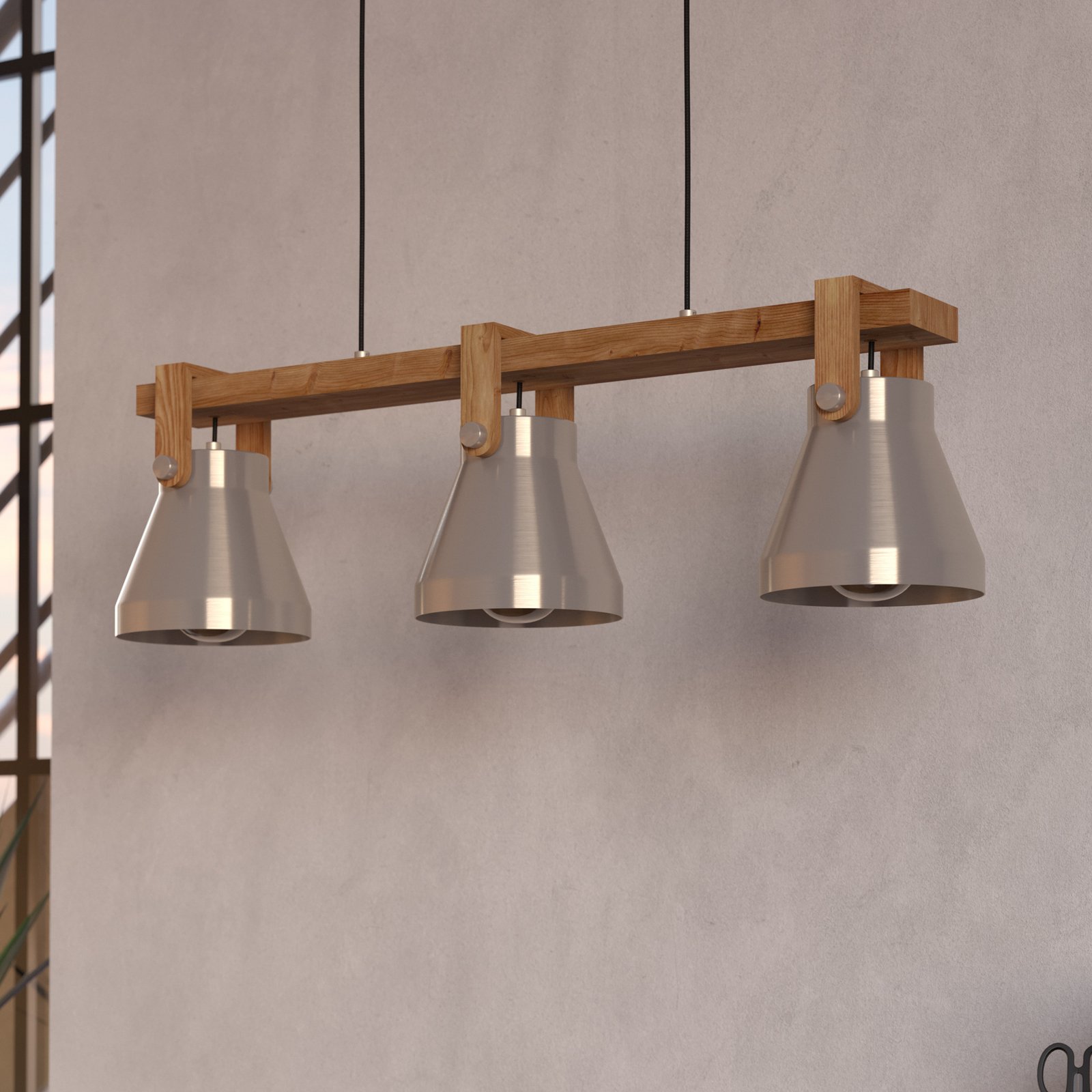 Cawton hänglampa, längd 76 cm, stål/brun, 3 lampor, stål