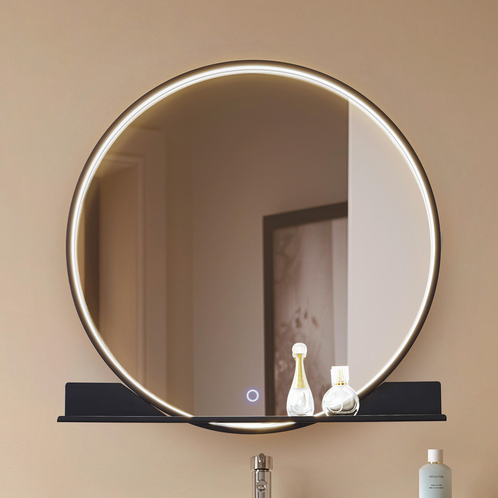 Lucande LED mirror Miren, black, aluminium, CCT, shelf