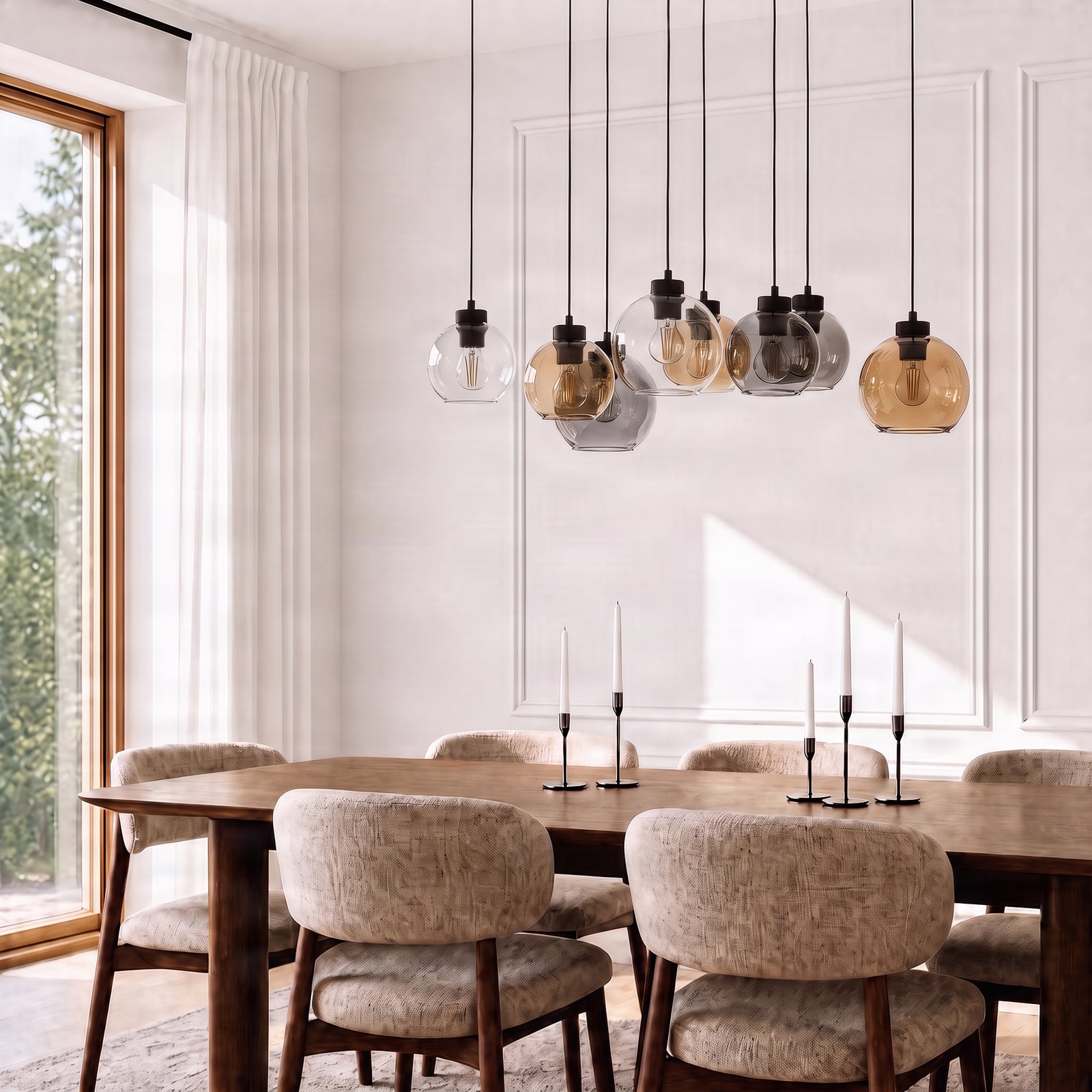 Cubus pendant light, 68 cm, 8-bulb, clear/honey/brown, glass