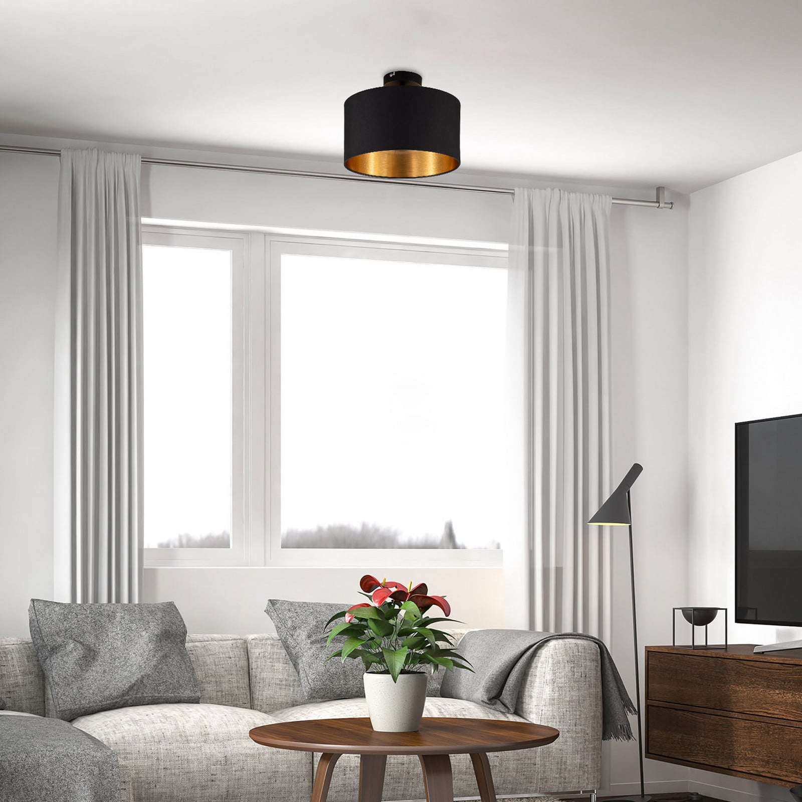 B.K. Licht Plafonieră Kari negru/auriu textil E27 - Camera de zi / sufragerie - Modern - negru auriu - Țesătură / Textil