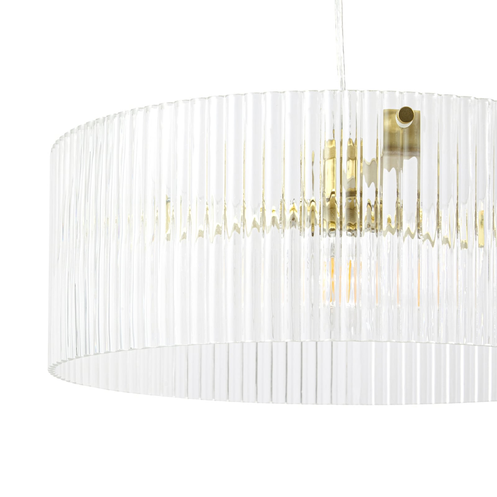 Candeeiro suspenso Lucande Meritt, latão/transparente, Ø 40 cm, vidro Candeeiro suspenso Lucande Meritt, latão/transparente, Ø 40 cm, vidro