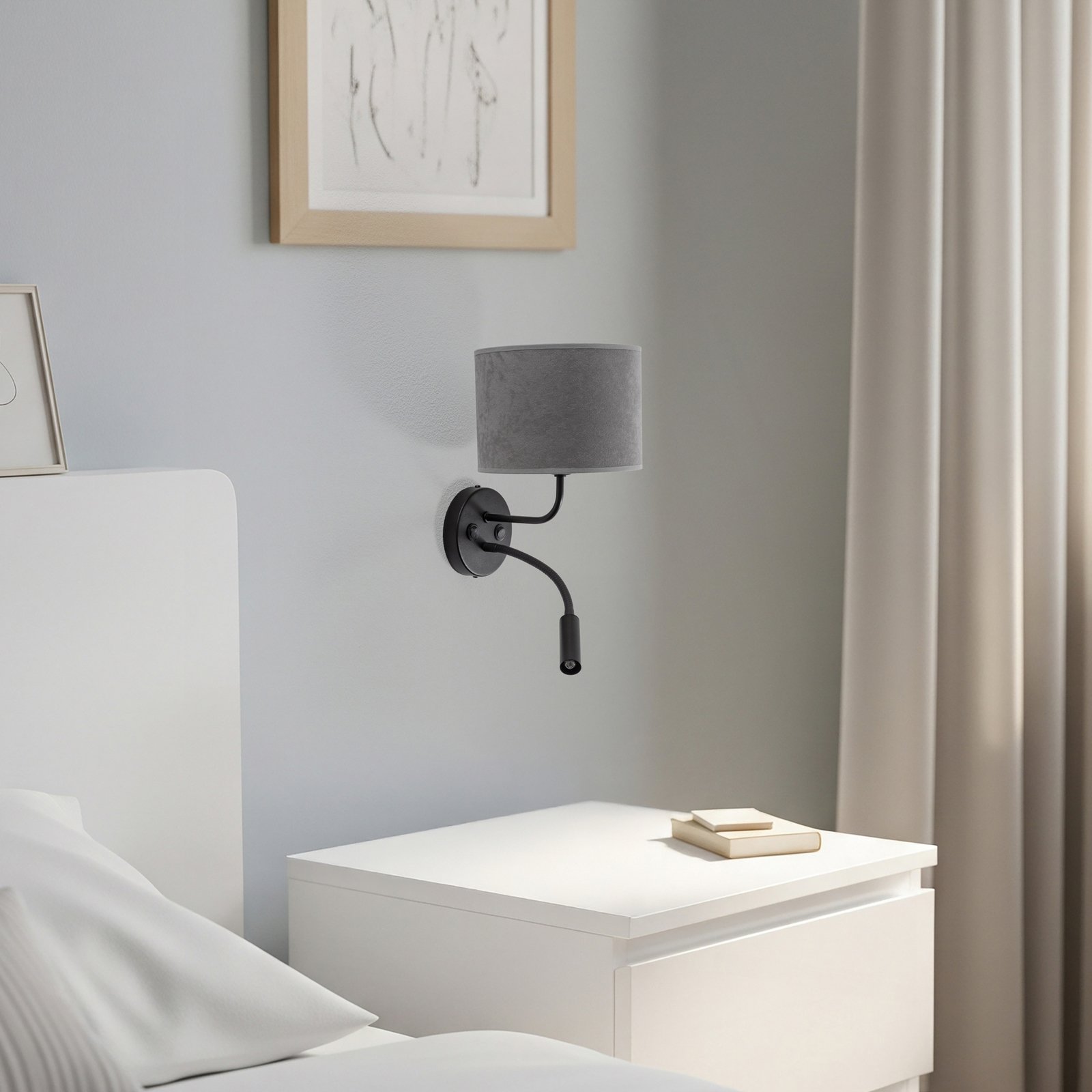 Candeeiro de parede Roller, veludo cinzento, preto, com luz de leitura Candeeiro de parede Roller, veludo cinzento, preto, com luz de leitura