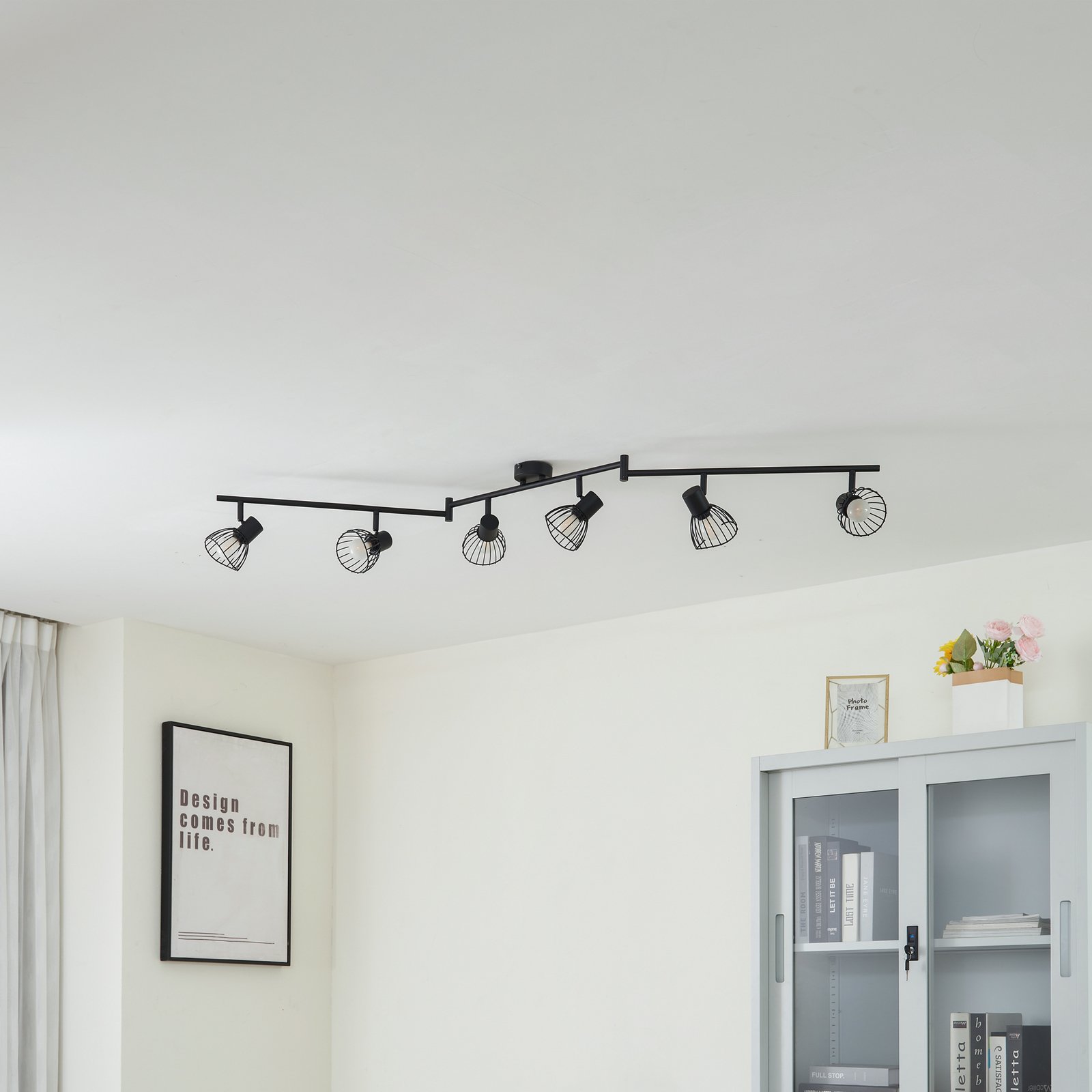 Lindby plafonnier Piena, noir, 6 lampes, métal, 150cm