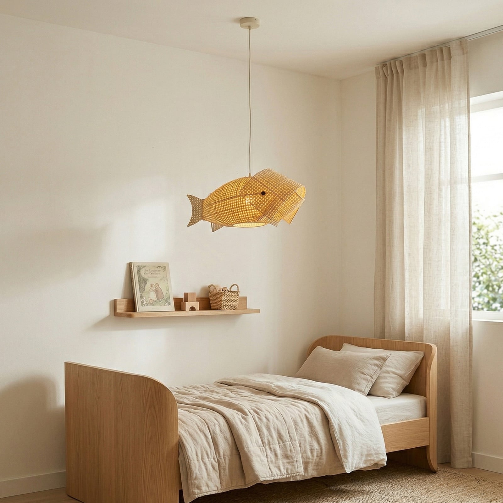 Lampă suspendată pentru copii Lindby Fish bambus 66 cm - Camera copiilor - Viața tânără - Lemn deschis la culoare - Bamboo