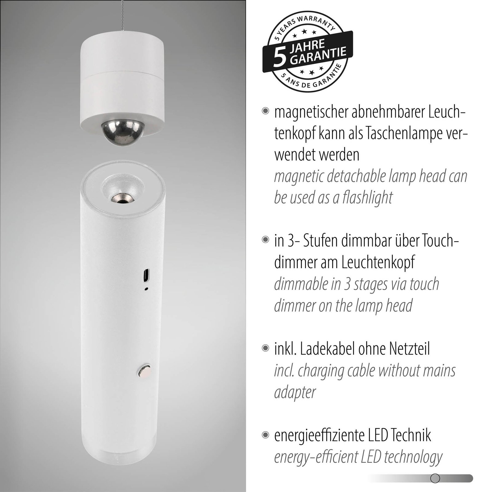 JUST LIGHT. Suspension LED rechargeable Attach, blanc, fer