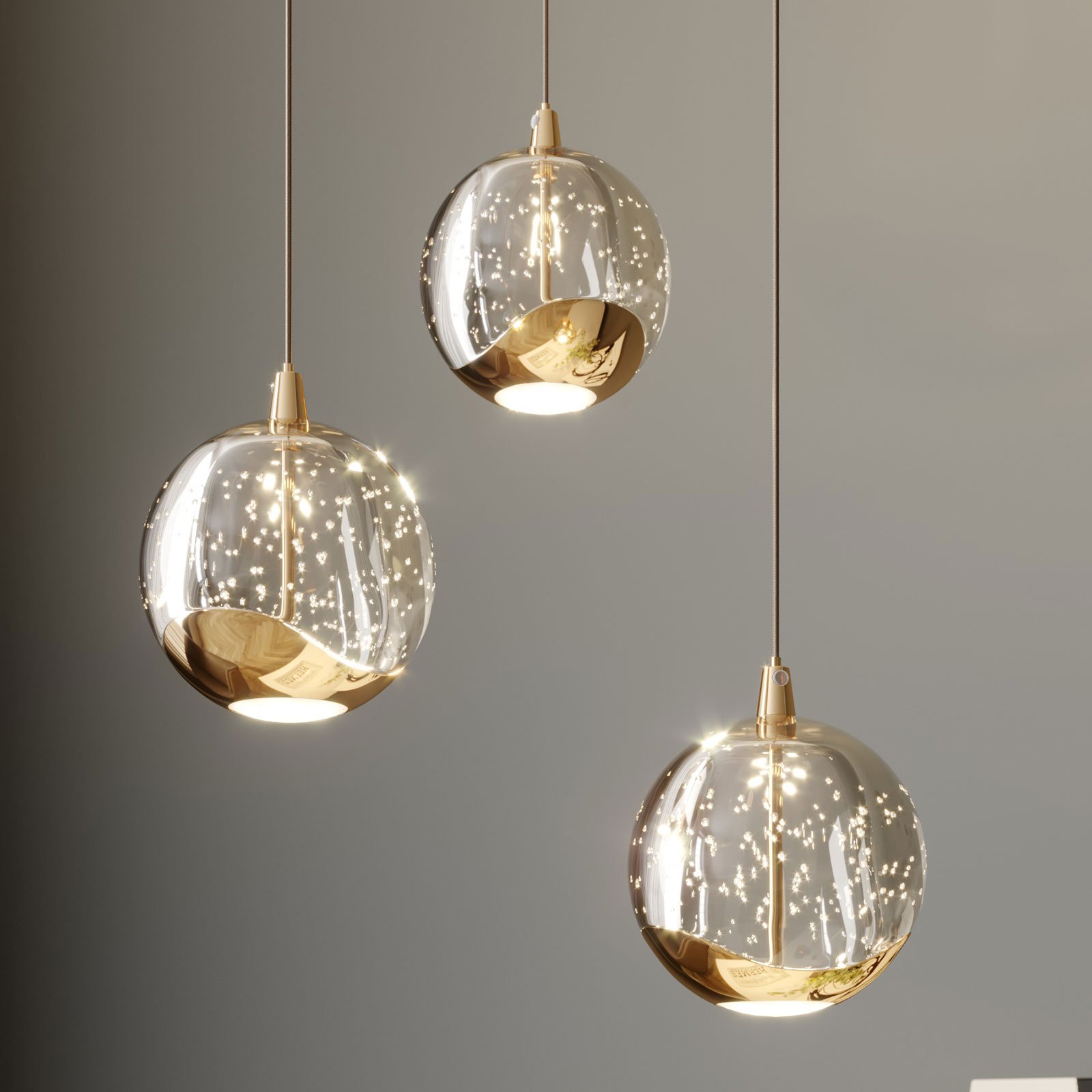 LED-pendellampe Hayley med glaskugler, 3 lys, guld