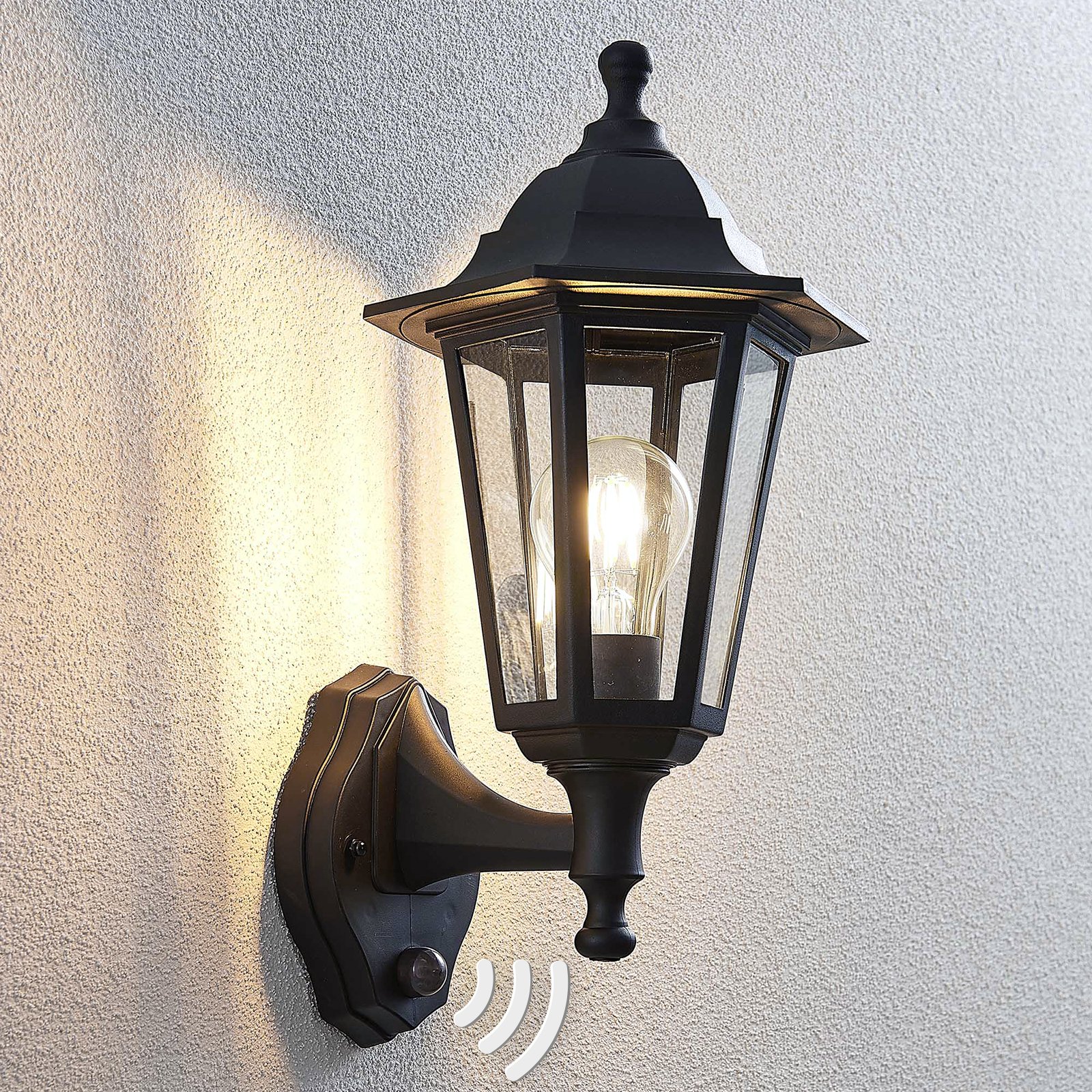 Lindby Nane outdoor wall light lantern shape, with sensor, polycarbonate, glass, E27, 60 W, energy efficiency: A++, W: 17.1 cm, H: 37.6 cm