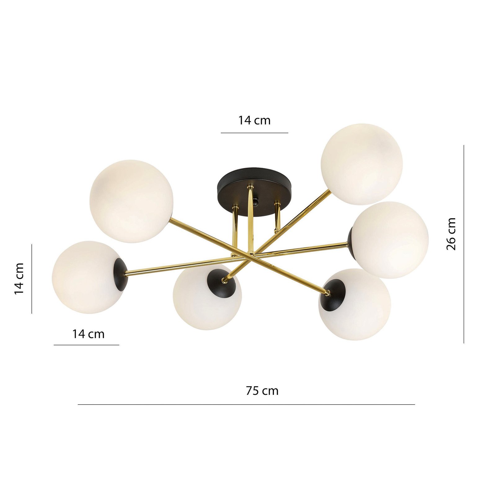 Plafonnier Magnum, 6 lampes, blanc opalin/or/noir, verre