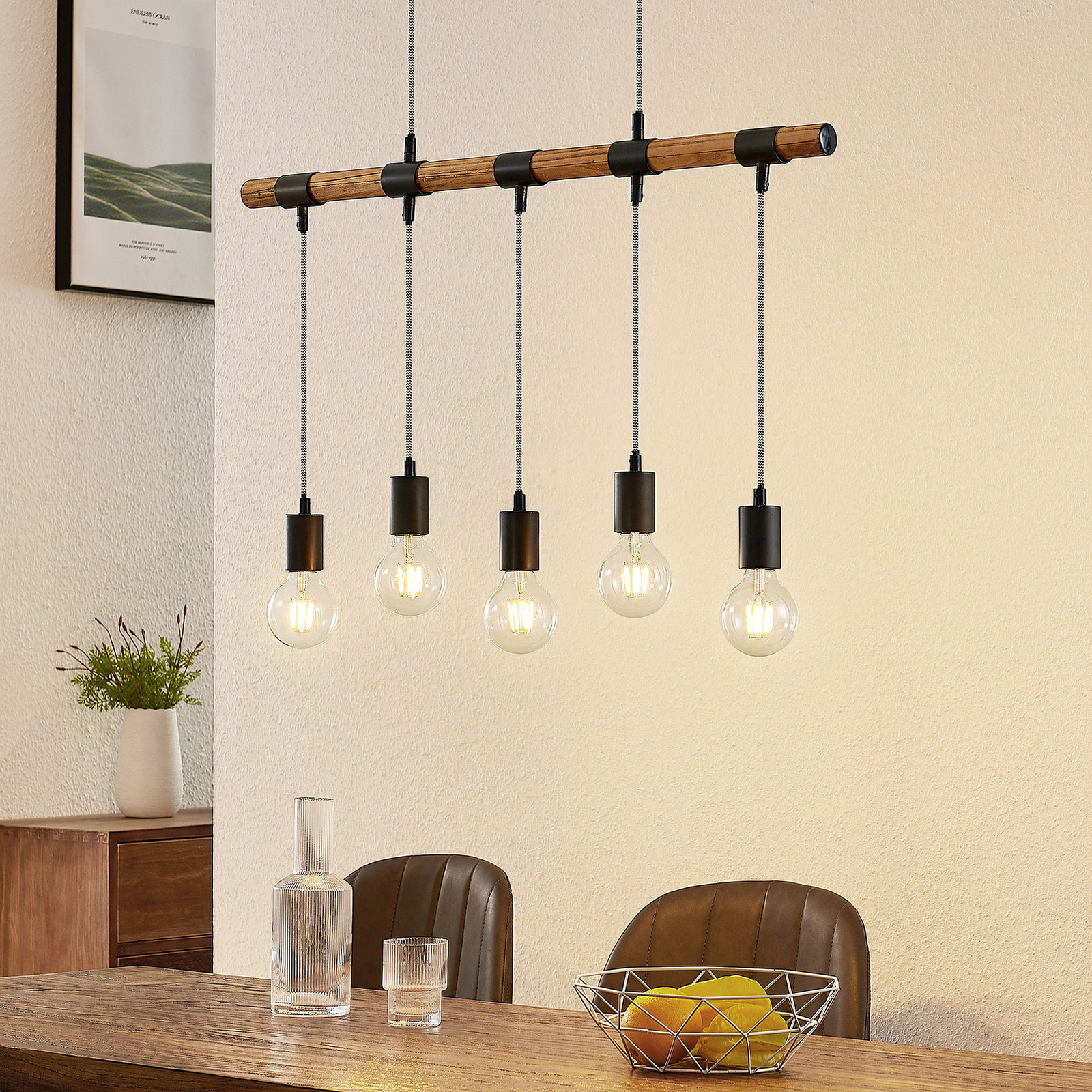 Lindby Sibillia hanging light with wood, five-bulb