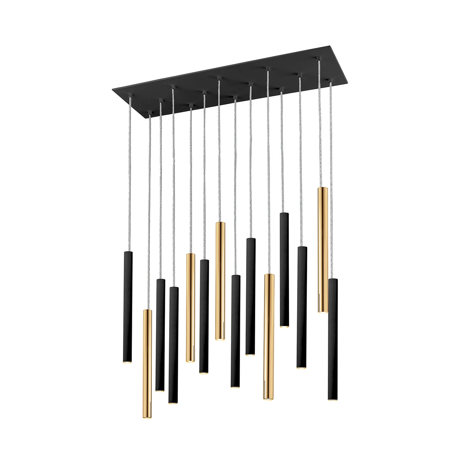 Lámpara colgante LED Varas atenuable, 14 lámparas, dorado/negro, metal