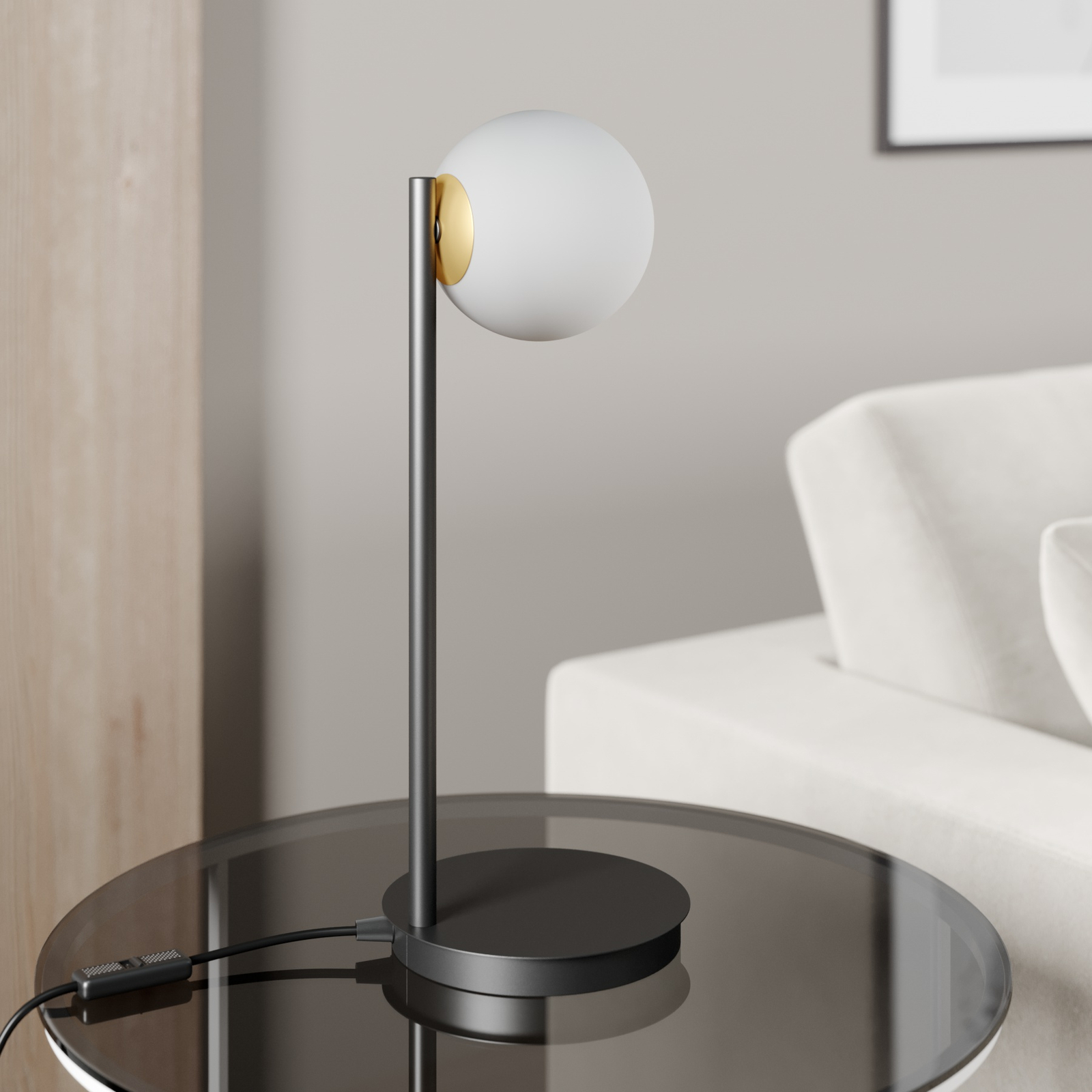 Lámpara de mesa Gama en negro con bola de vidrio