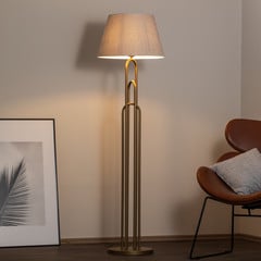 Stojací lampa Lazar, šedá/zlatá starožitnost, výška 164 cm, textil/kov