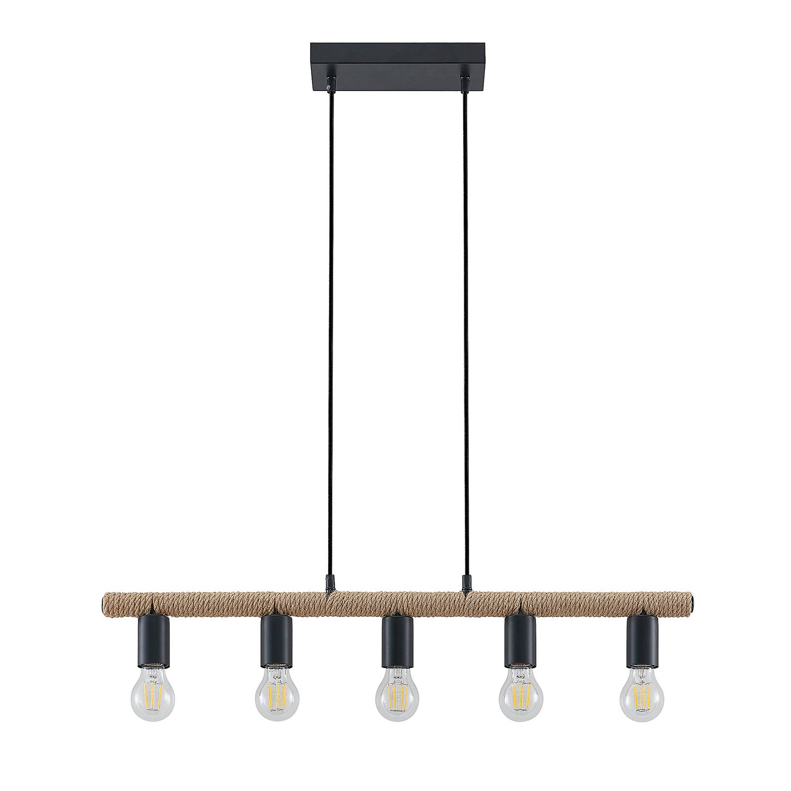 Lindby Wilbo hanging light, for Living / Dining Room, iron, hemp rope, E27, 60 W, L: 80 cm