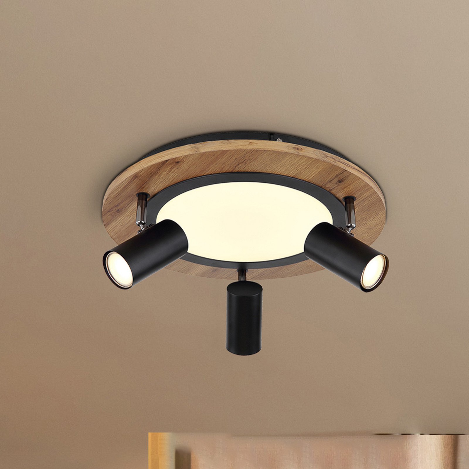 Globo Plafonieră Kassu cu design din lemn Ø 40cm - Camera de zi / sufragerie - negru mat lemn deschis satinat - Metal