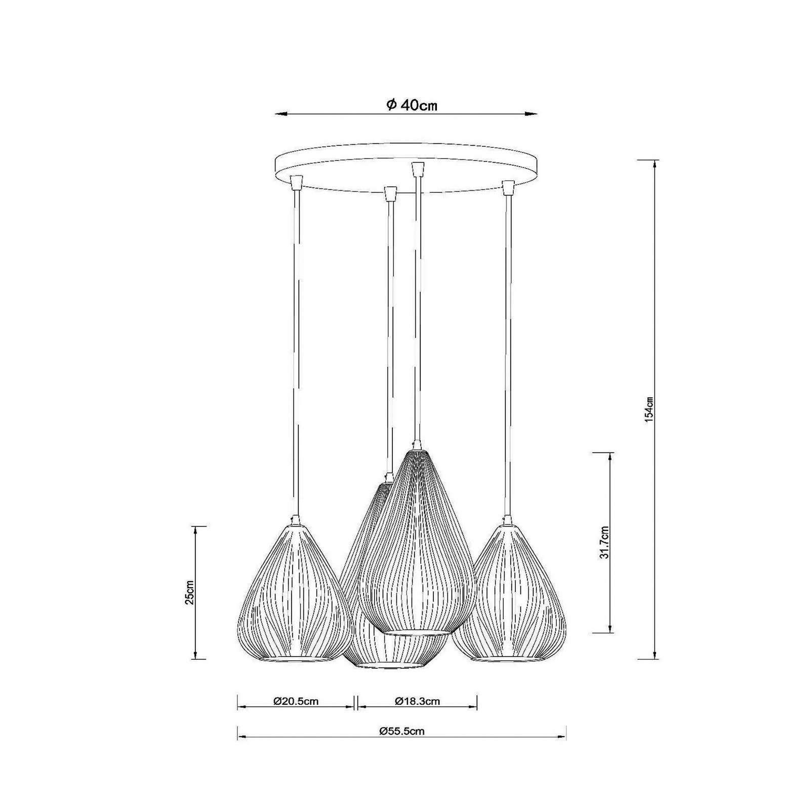 Cinzia-riippuvalo, valkoinen/musta, Ø 55 cm, posliini, 4-lamppuinen.