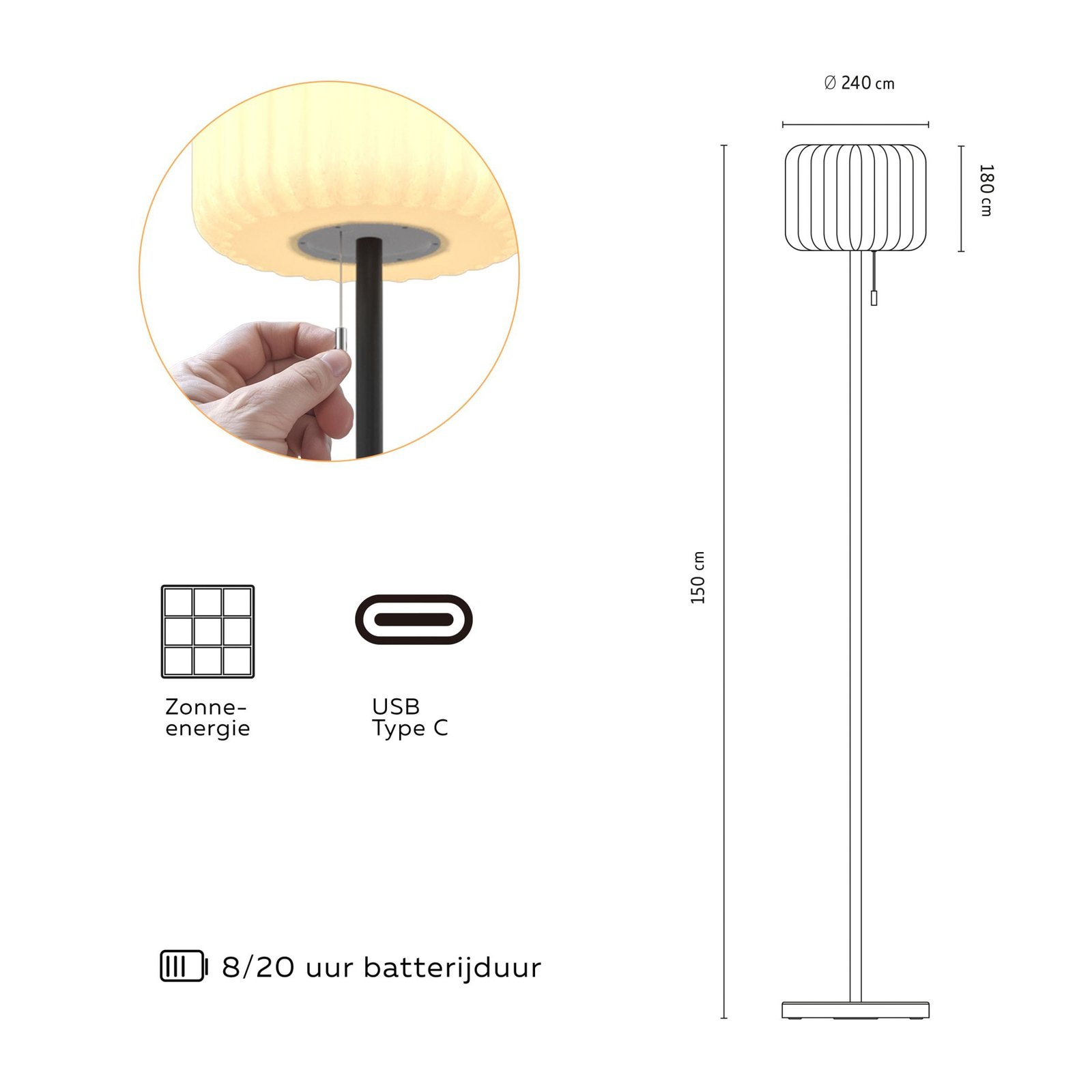 Lampă de podea solară cu LED-uri Calex, IP44, întrerupător de tragere