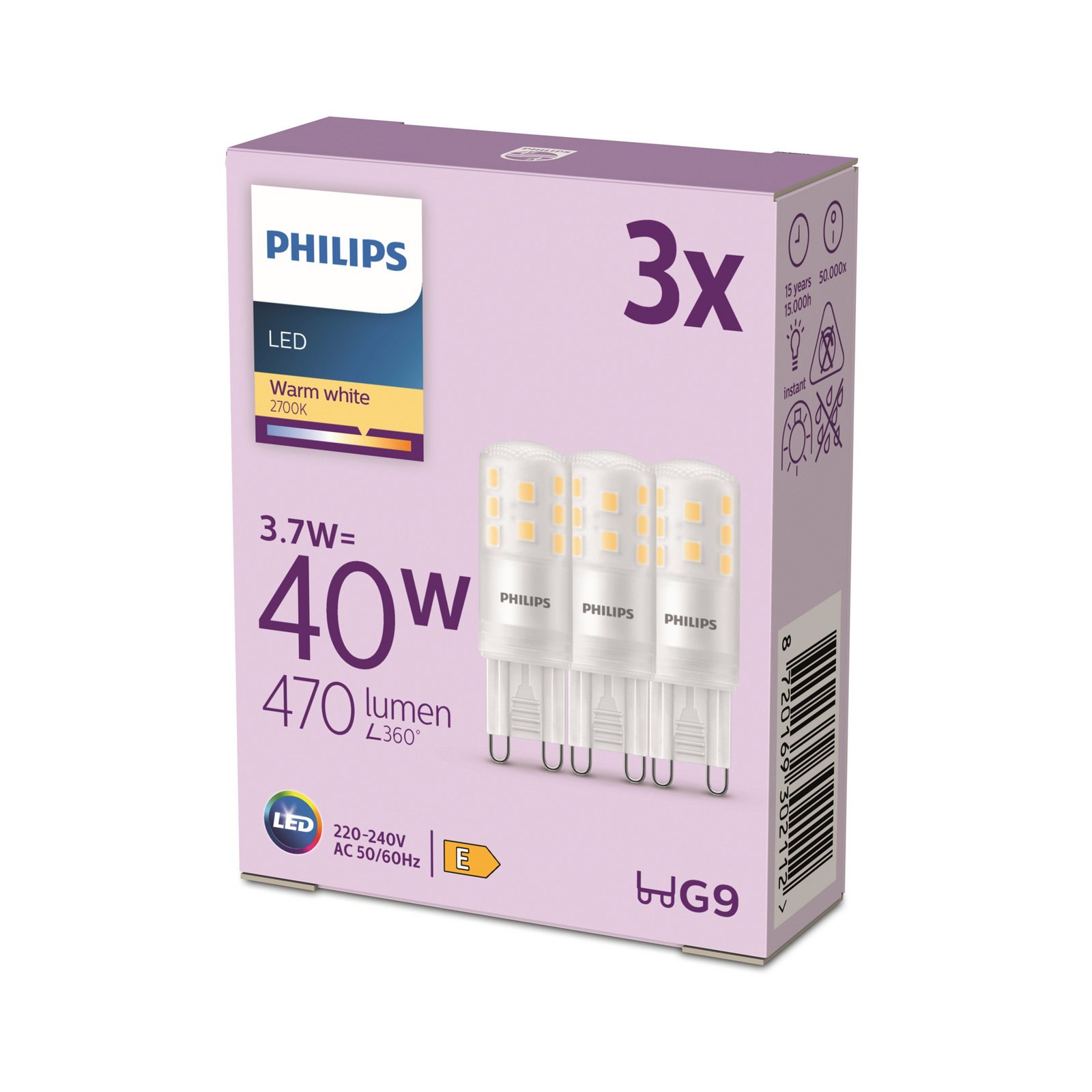 Philips LED-stiftpære G9 3,7W 470lm 2700K matt 3-pak