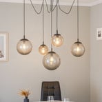 Esme hanging light, glass, graphite-transparent, 5-bulb, decentralised