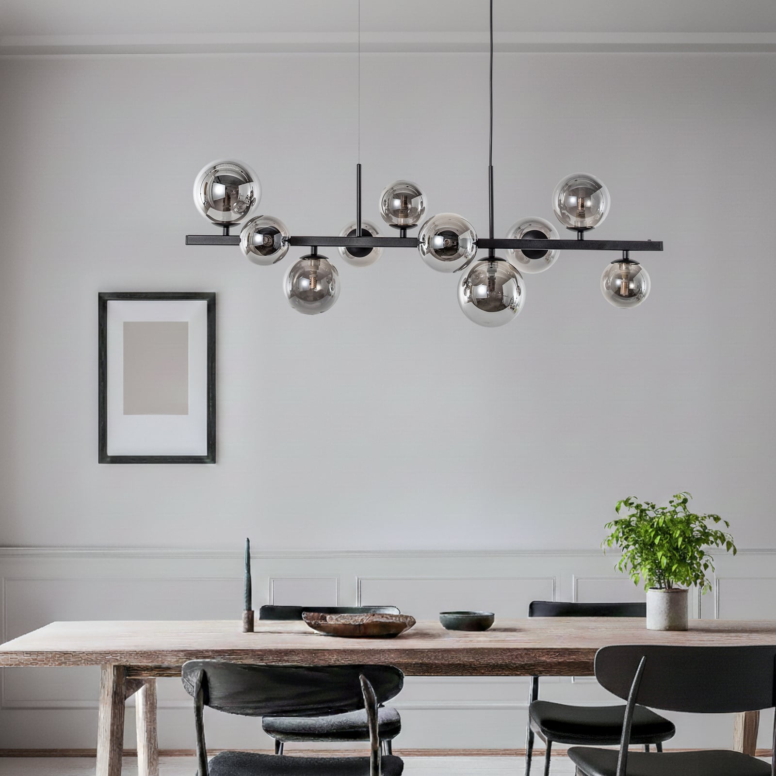 Hanglamp Rumba, zwart/rookgrijs, glas/metaal, 10-lamps.