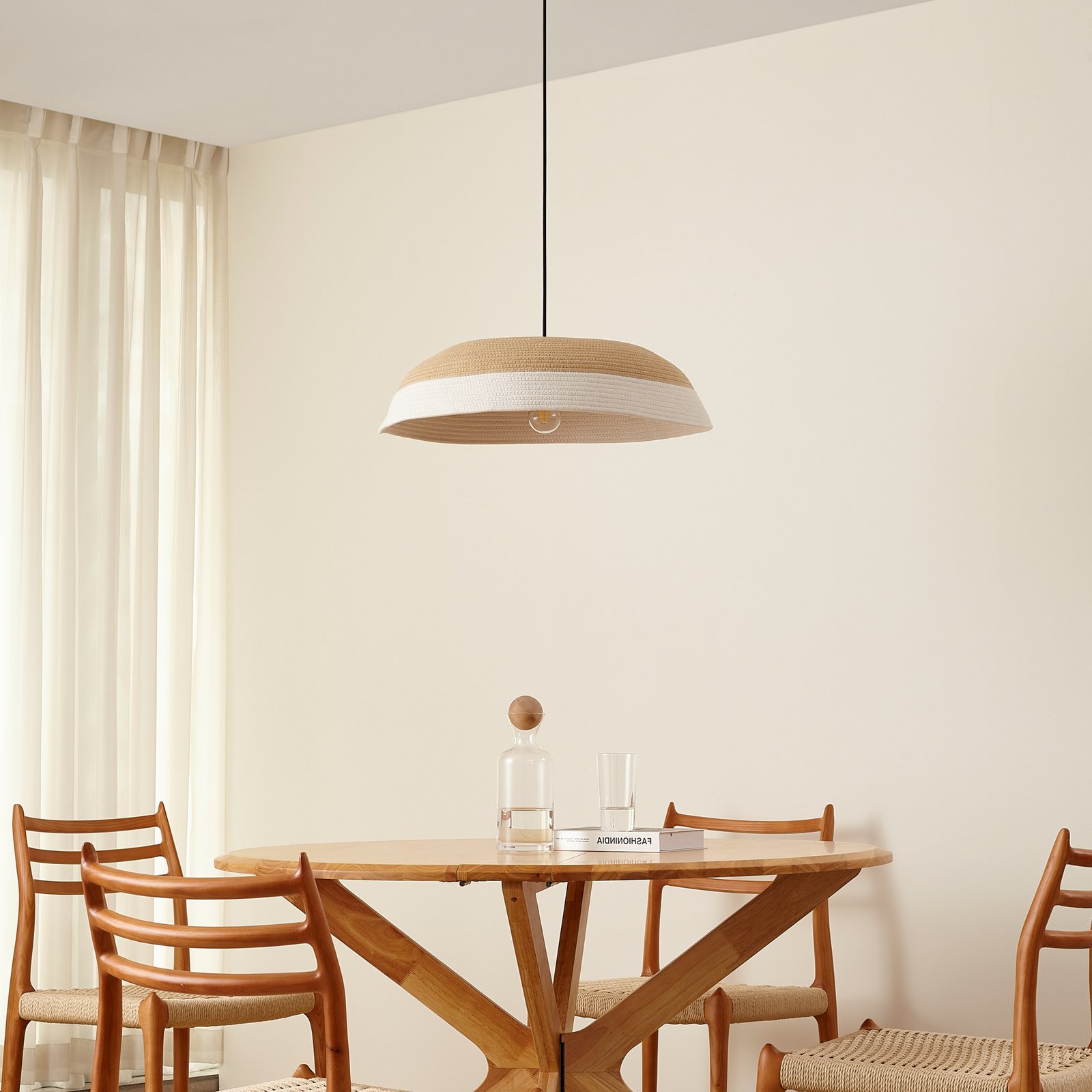 Lindby Hängeleuchte Caliva, Ø 60 cm, beige/weiß, Hanfseil