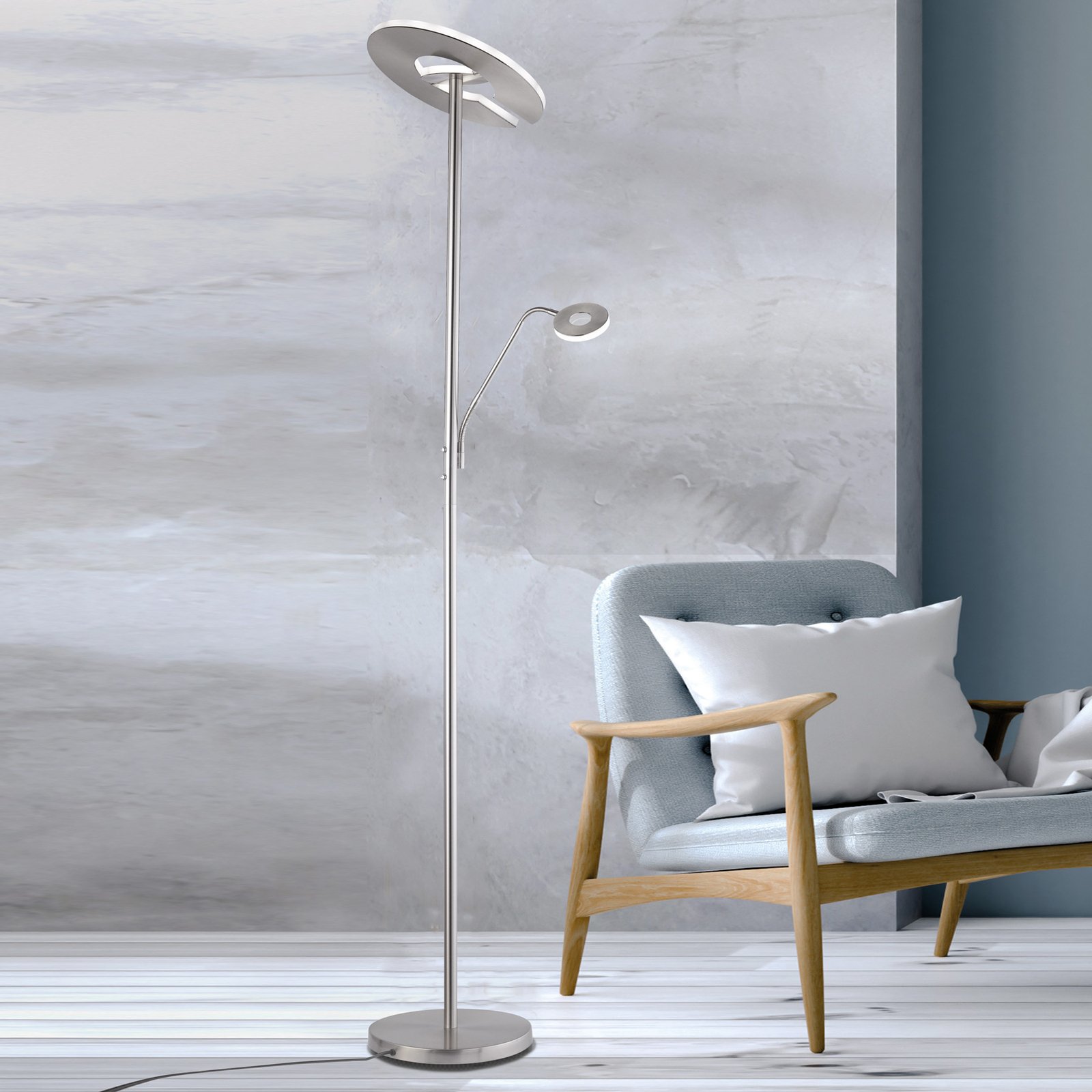 Dent LED uplighter floor lamp with a reading lamp, CCT, nickel