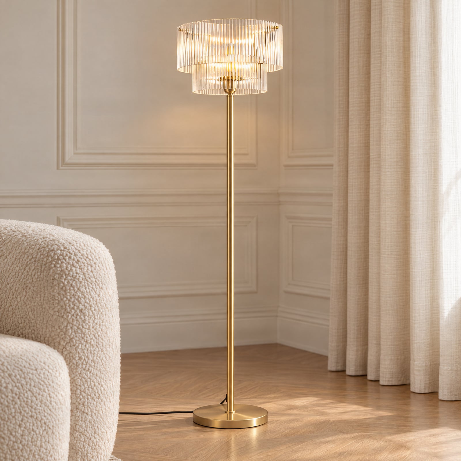 Meritt vloerlamp, messing/transparant, hoogte 160 cm, glas - Lucande