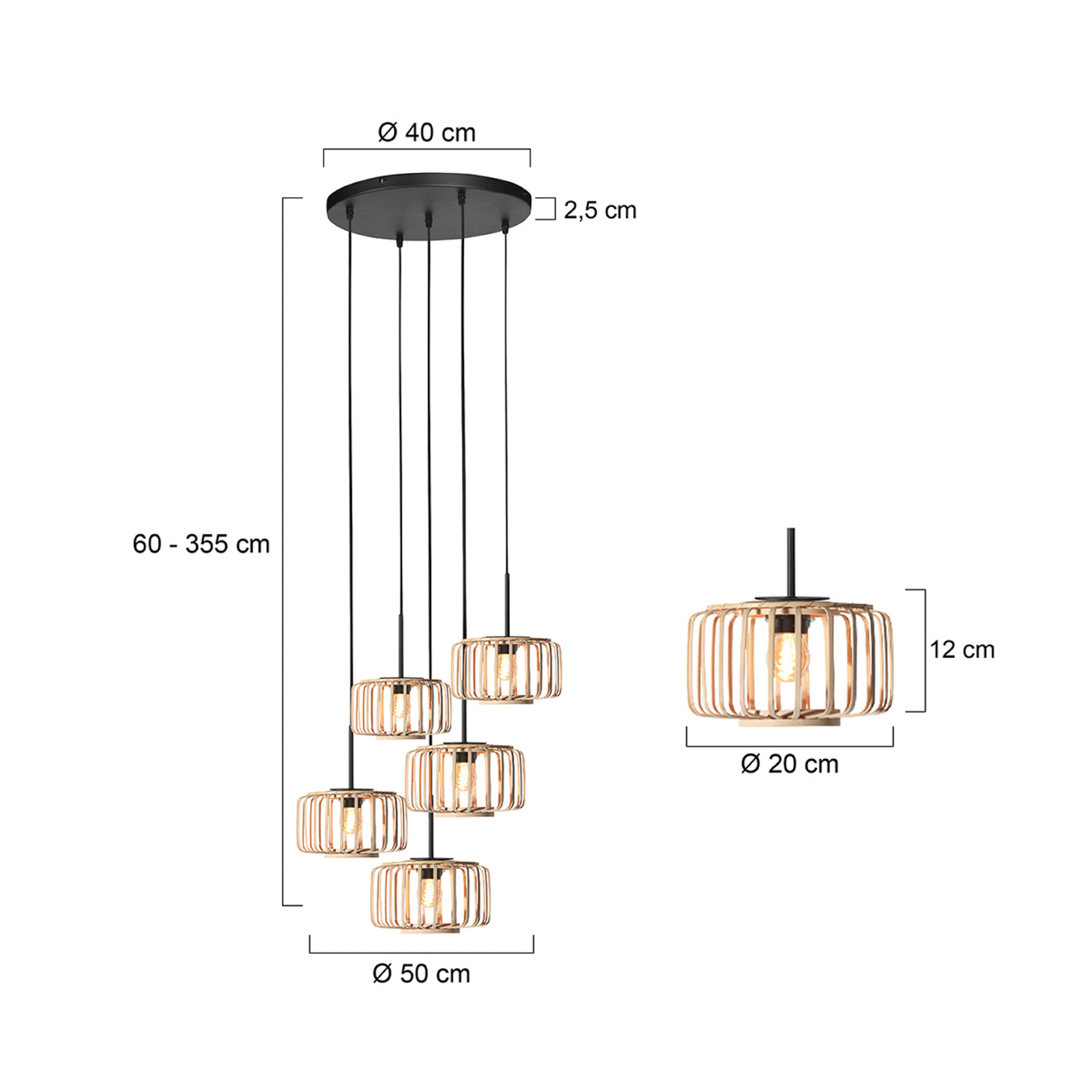 Suspension Breeza Beache, à 5 lampes, ronde, noire, bambou