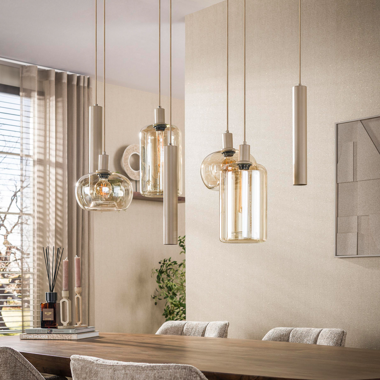 Pendelleuchte Serene, beige, Glas, 7-flammig, E27, GU10 Pendelleuchte Serene, beige, Glas, 7-flammig, E27, GU10