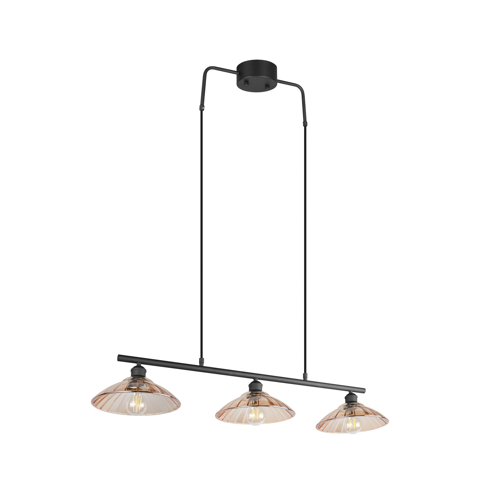 Висяща лампа Eluna, кехлибар/черно, 100 см, стъкло/метал, 3-крилна.