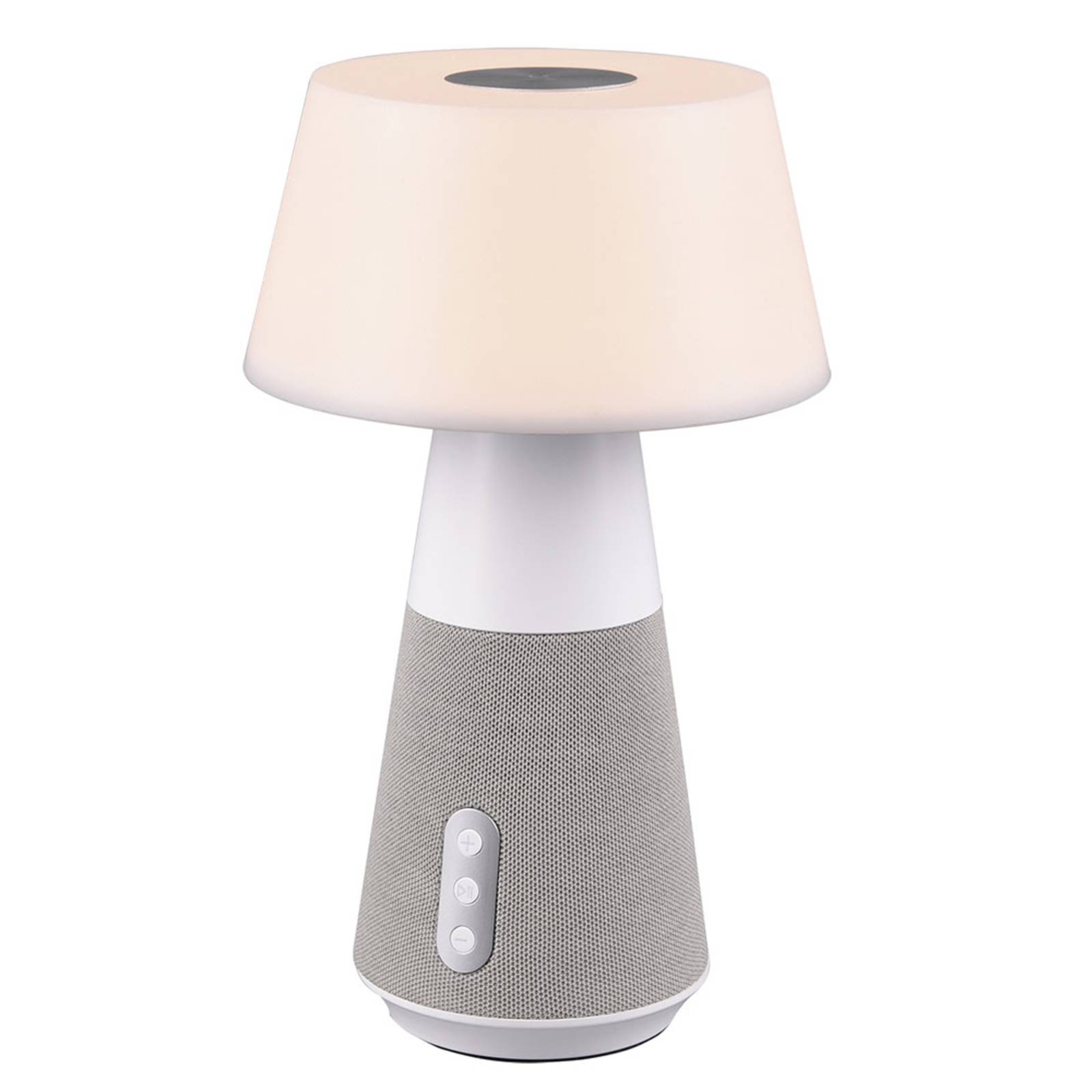 Reality Leuchten DJ LED table lamp with speaker, white/grey, for Living / Dining Room, plastic, fabric, 4 W, H: 28 cm