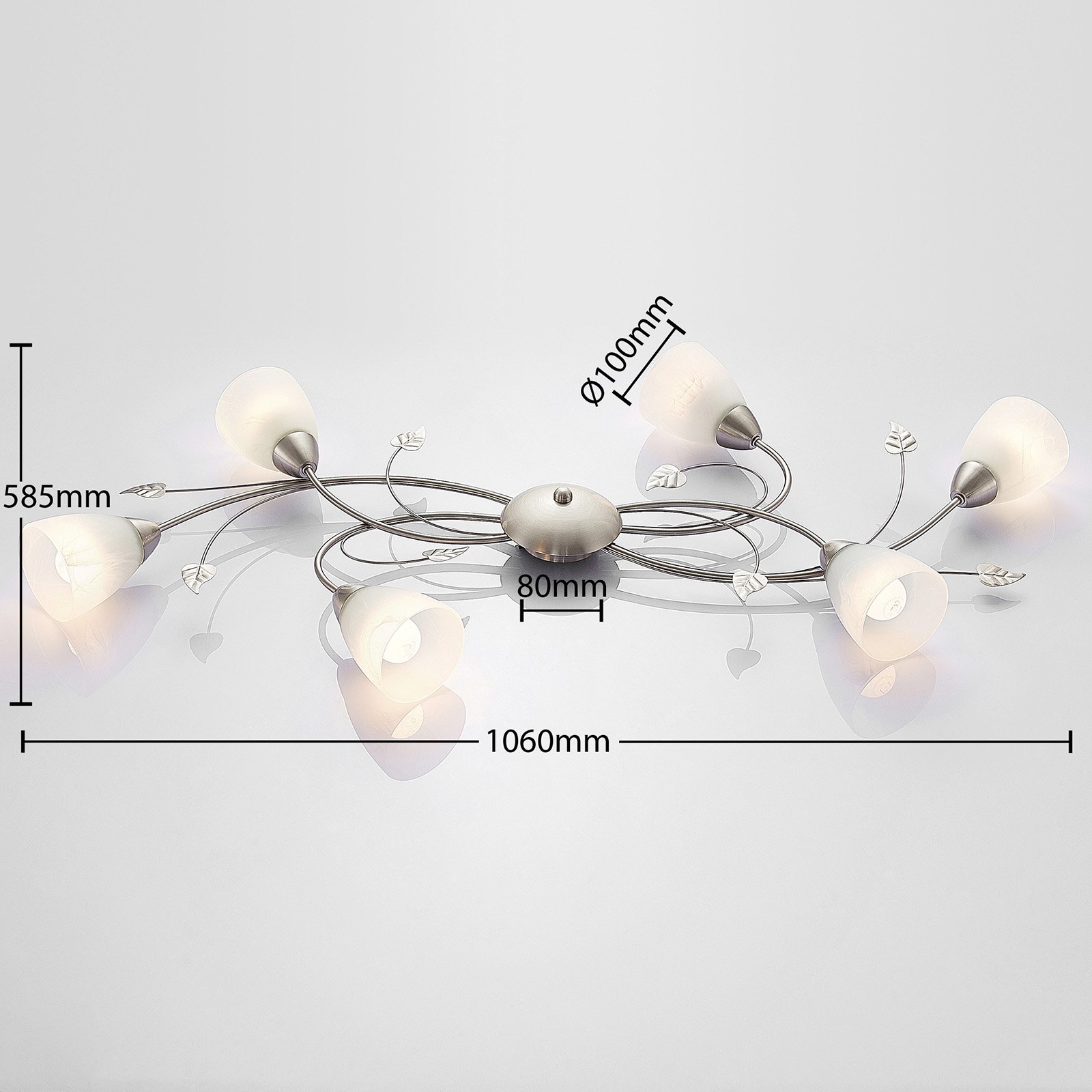 Lindby Deckenlampe Yannie, 6-flg., 106 cm, nickel/weiß, Glas