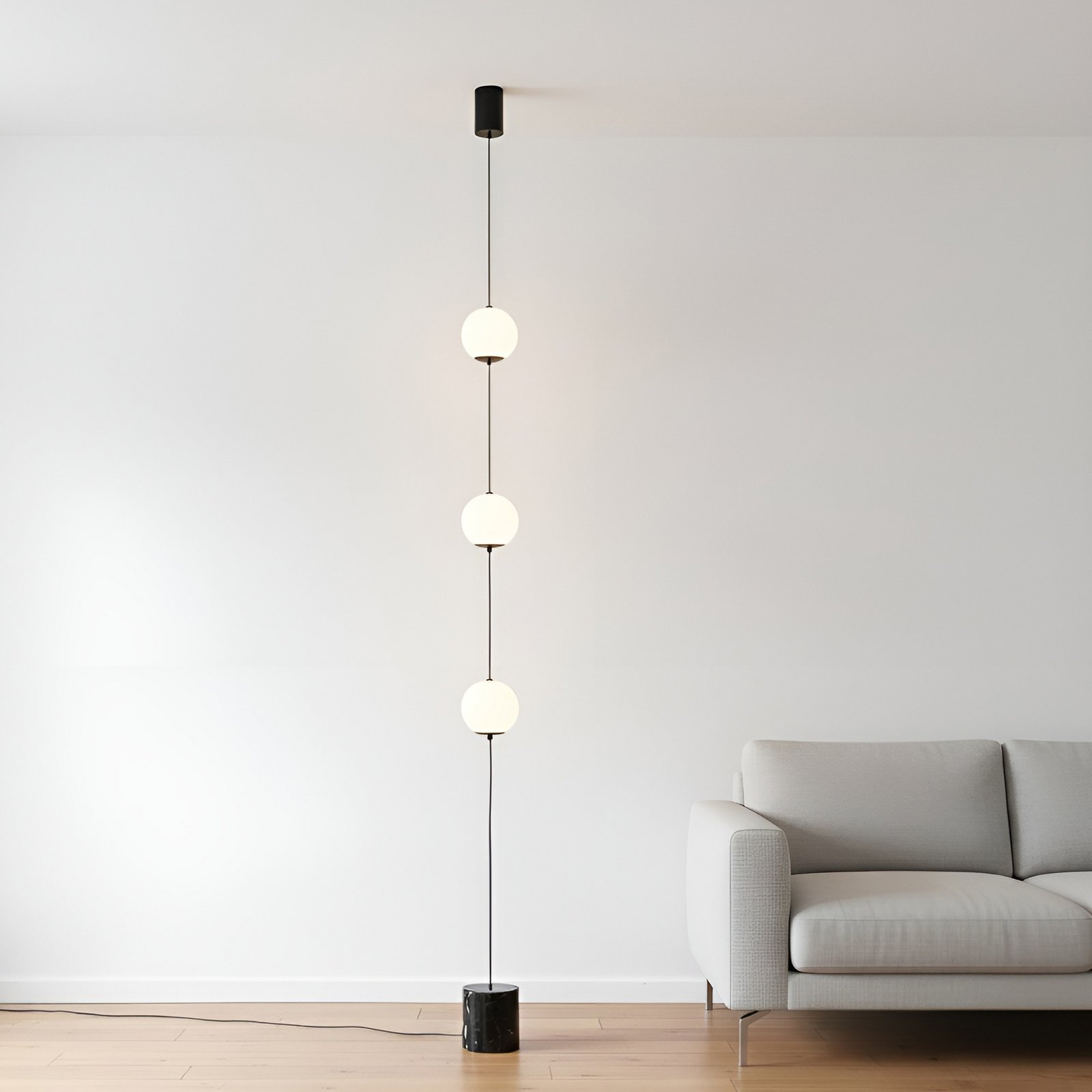 lámpara de pie LED Lucande Sphere, negro/ópalo, cristal, atenuable