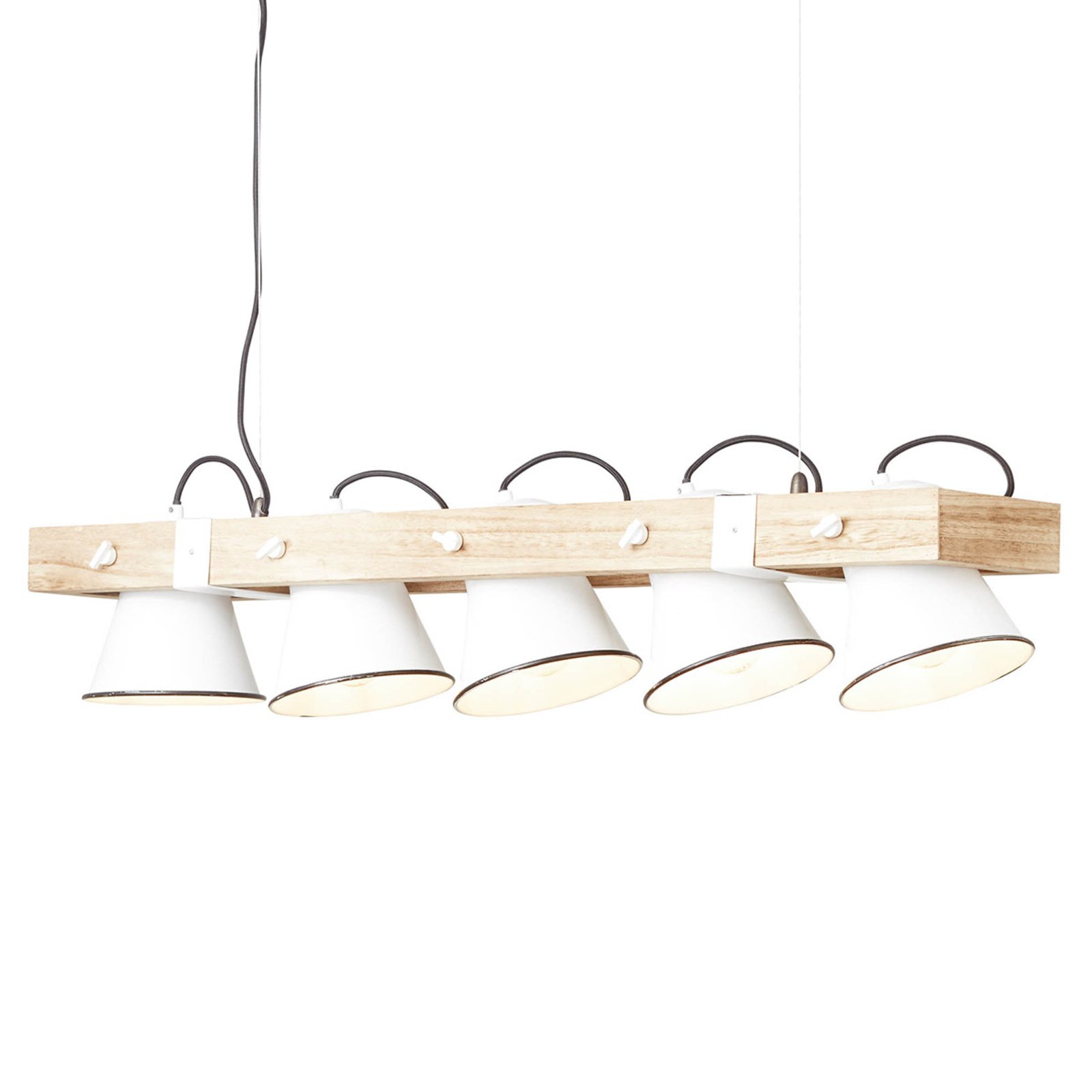 Brilliant Plow pendant light 5-bulb white wood, for Living / Dining Room, metal, wood, E27, 10 W, energy efficiency: A++, L: 95 cm, W: 20 cm