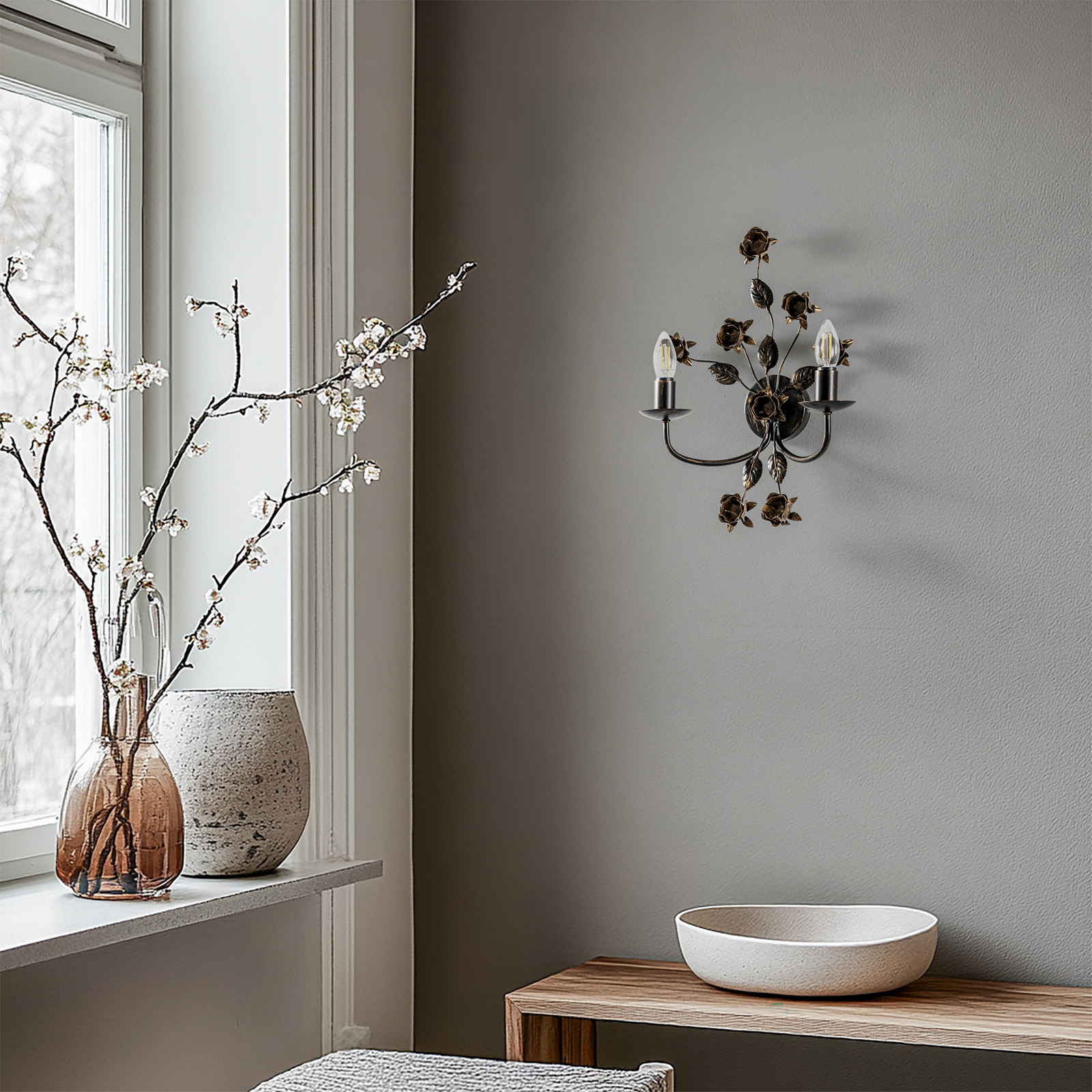 Aplique de pared Carolina, color bronce, 2 luces, hierro
