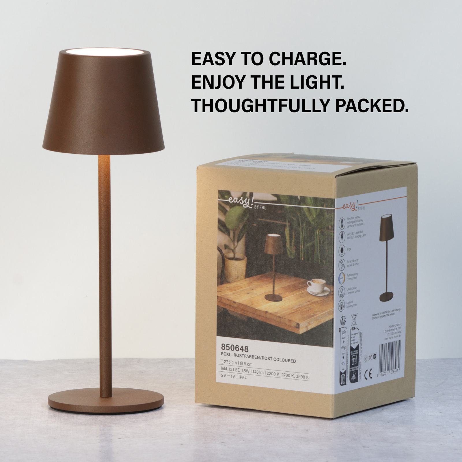 Lampa stołowa LED Roxi, kolor rdzy, metal, IP54, ściemniana