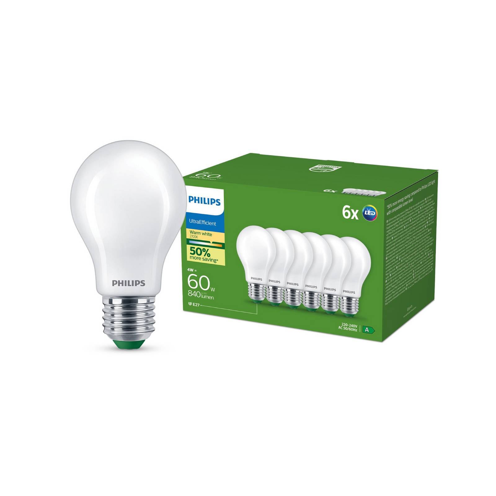 Philips E27 LED-Lampe A60 4W 840lm 2700K opal 6er-Pack