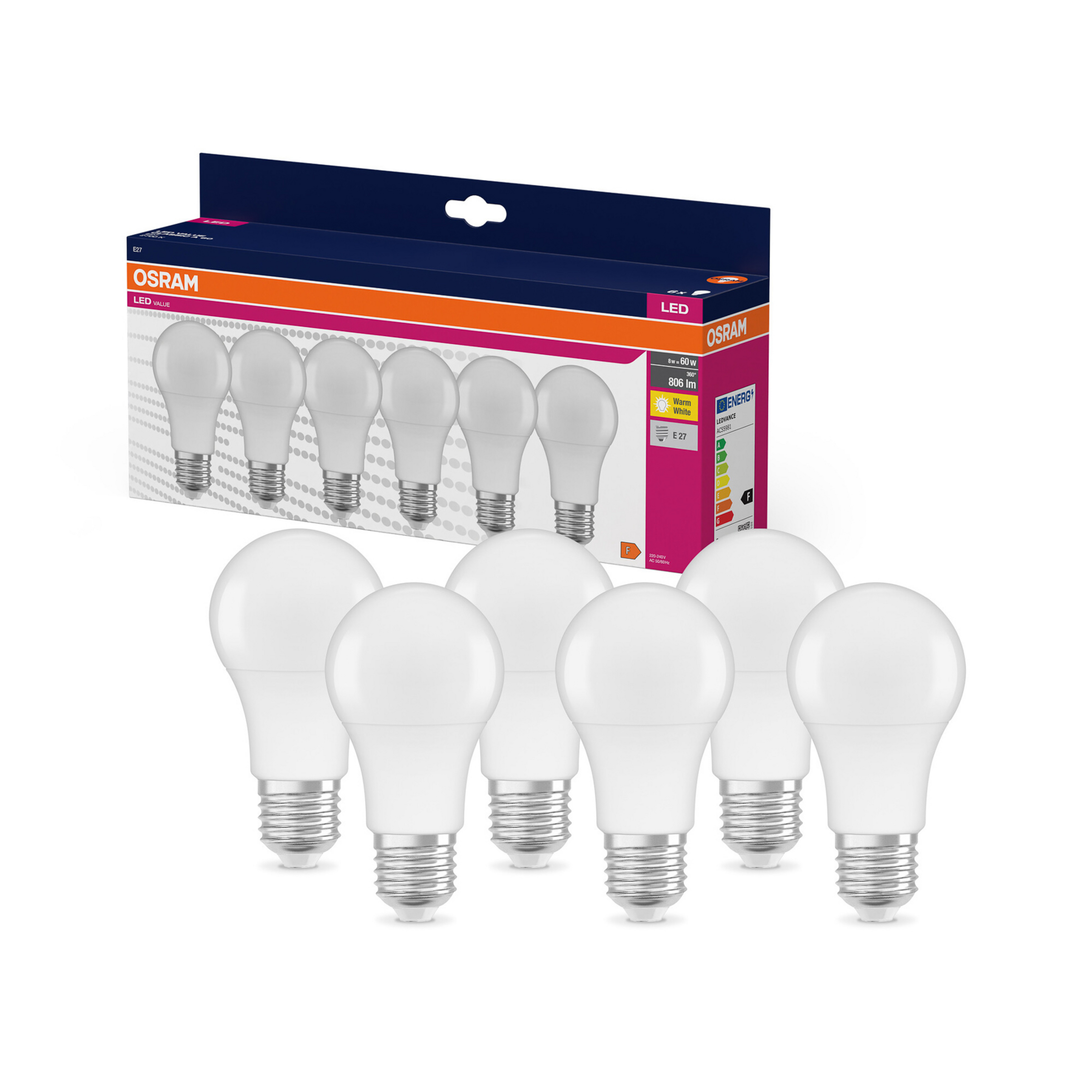 Lâmpada LED OSRAM E27 8W 827 6 unidades