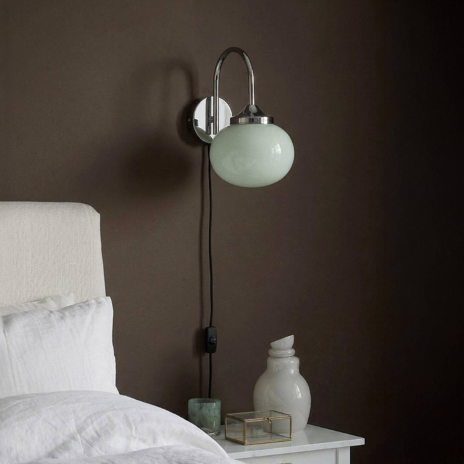 PR Home Wandlamp Elsy, lichtgroen/chroom, glas, stekker, E14