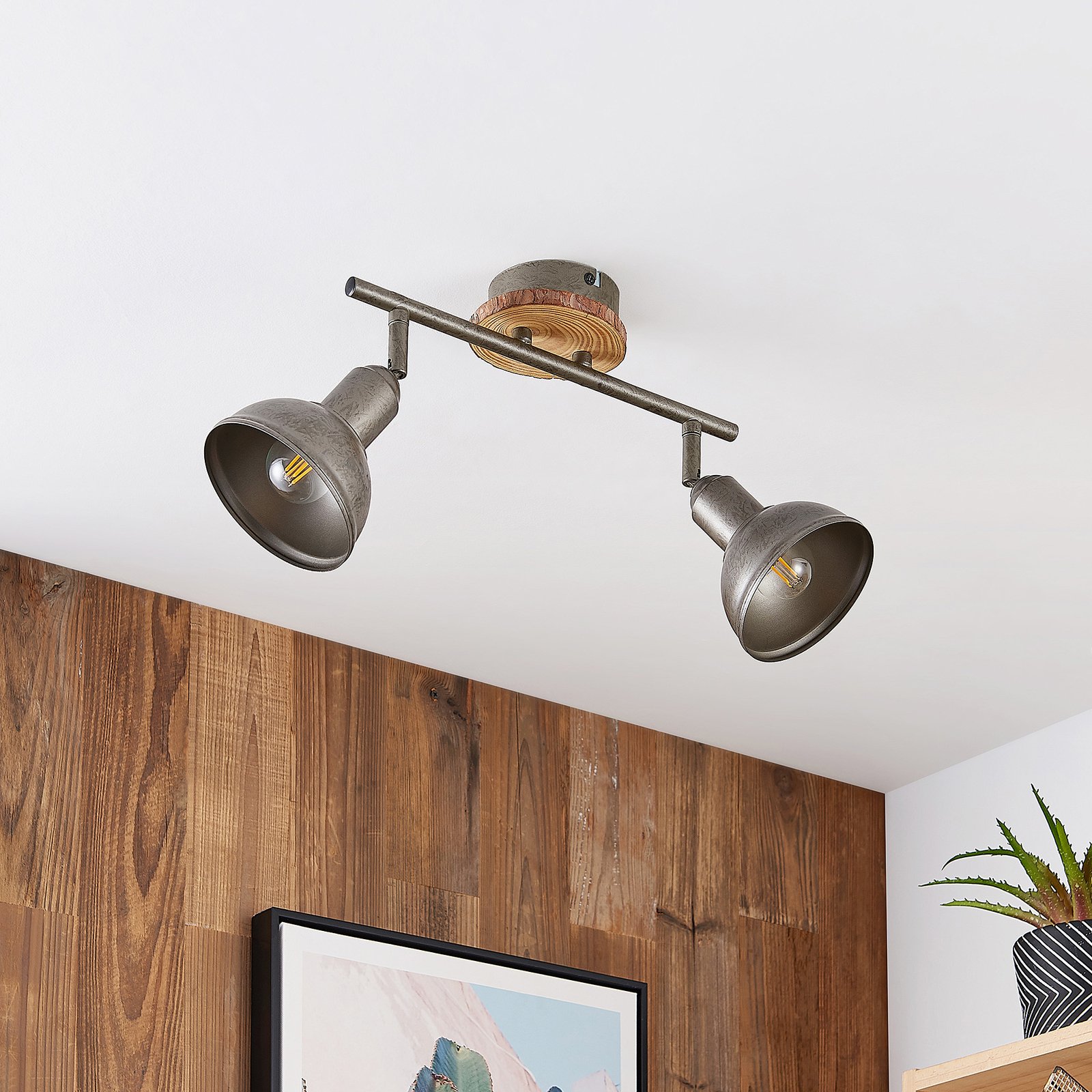 Lindby Nesrin ceiling lamp with wooden disk 2-bulb