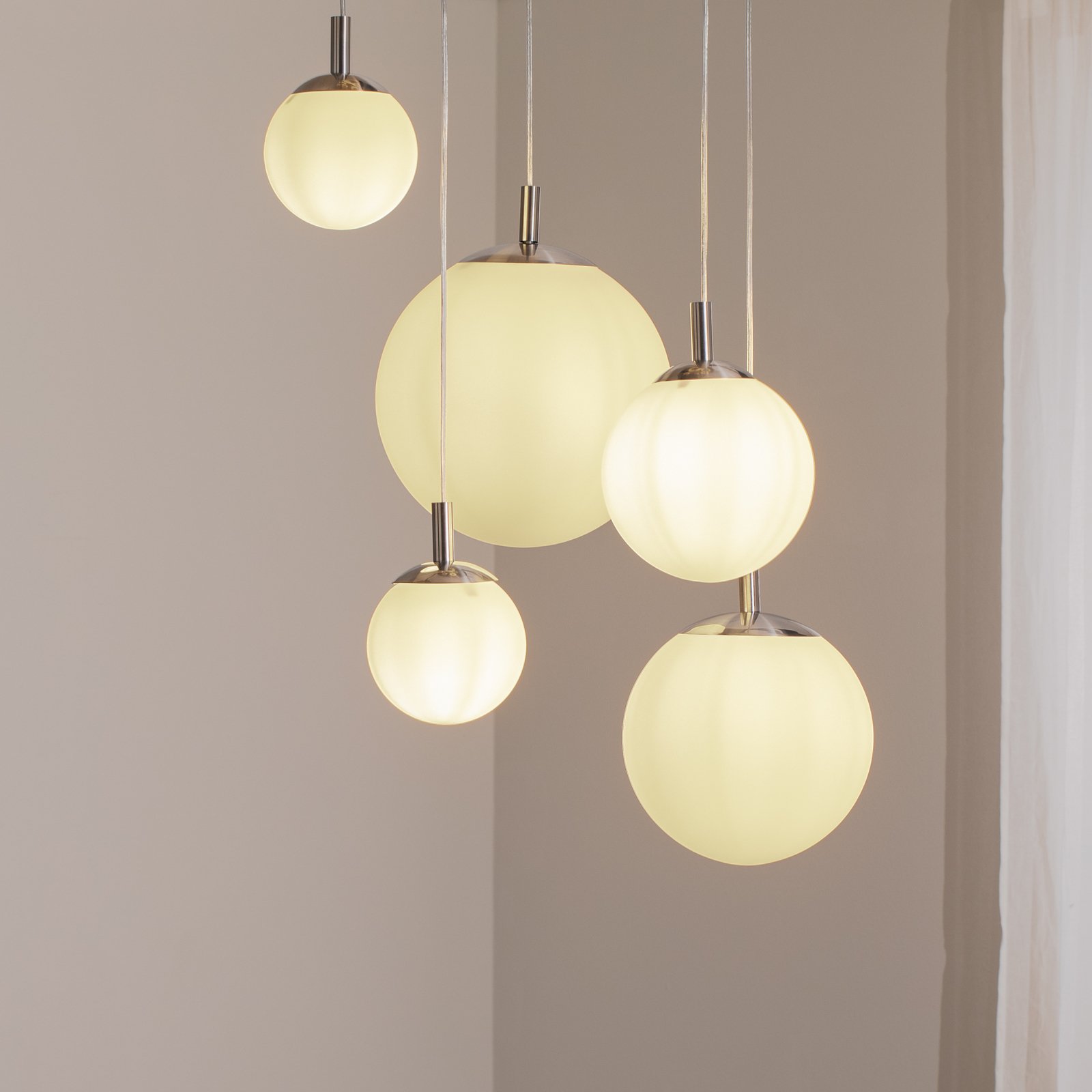 Hänglampa Maroni, krom/vit, glas, 5 lampor