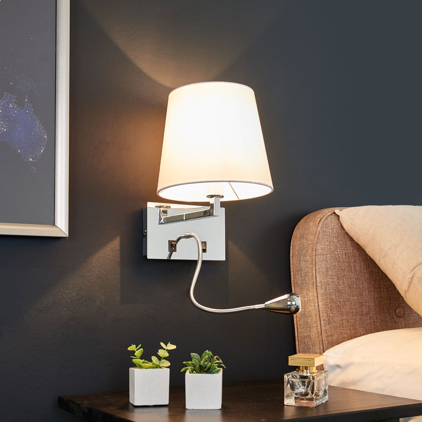 Lindby Fabric wall light Leonella with LED reading lamp, for Living / Dining Room, fabric, metal, 40 W, energy efficiency: A++, W: 17 cm, H: 28 cm