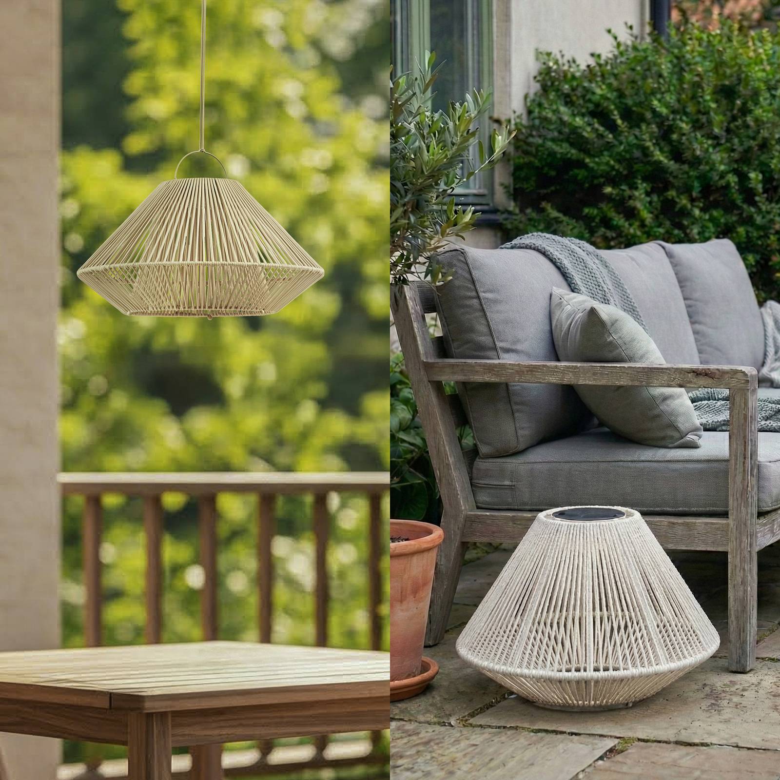 Lampa wisząca Lindby LED z zasilaniem słonecznym Austas, beżowa, Ø 50 cm, USB,