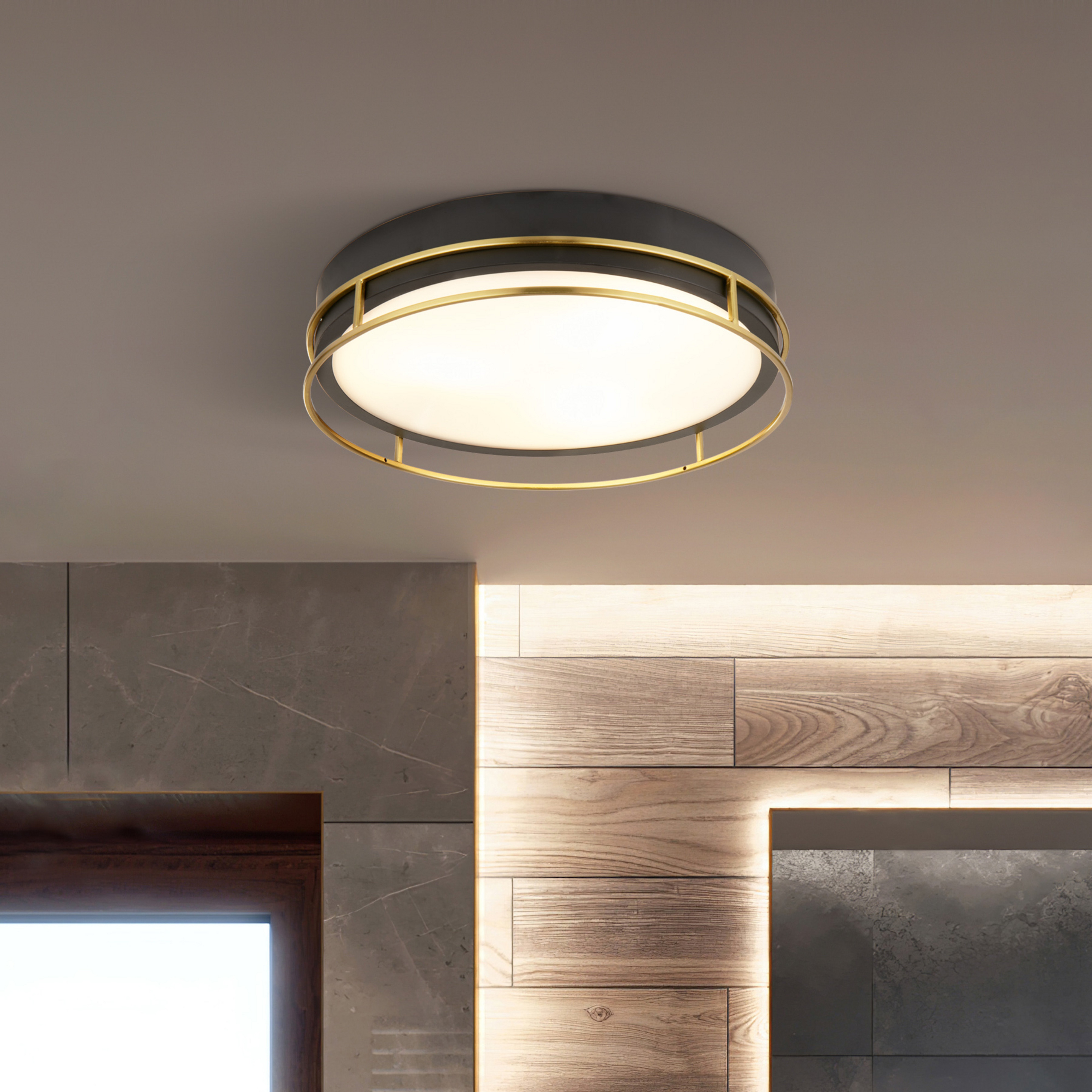Plafonnier Phoenix, Ø 30 cm, noir / laiton, IP44