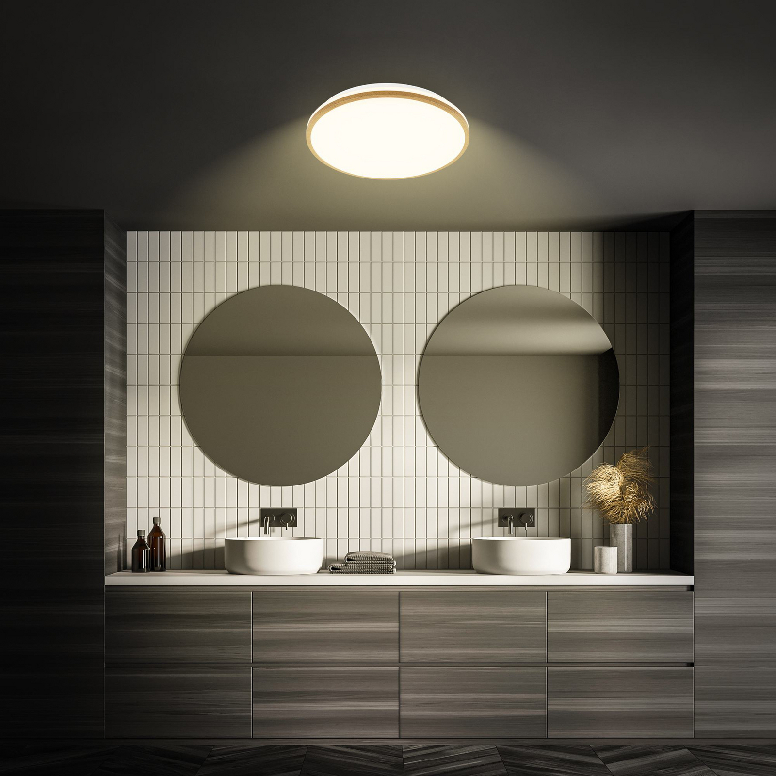LED ceiling light Acorus, Ø 33 cm, white/wood colour, IP44