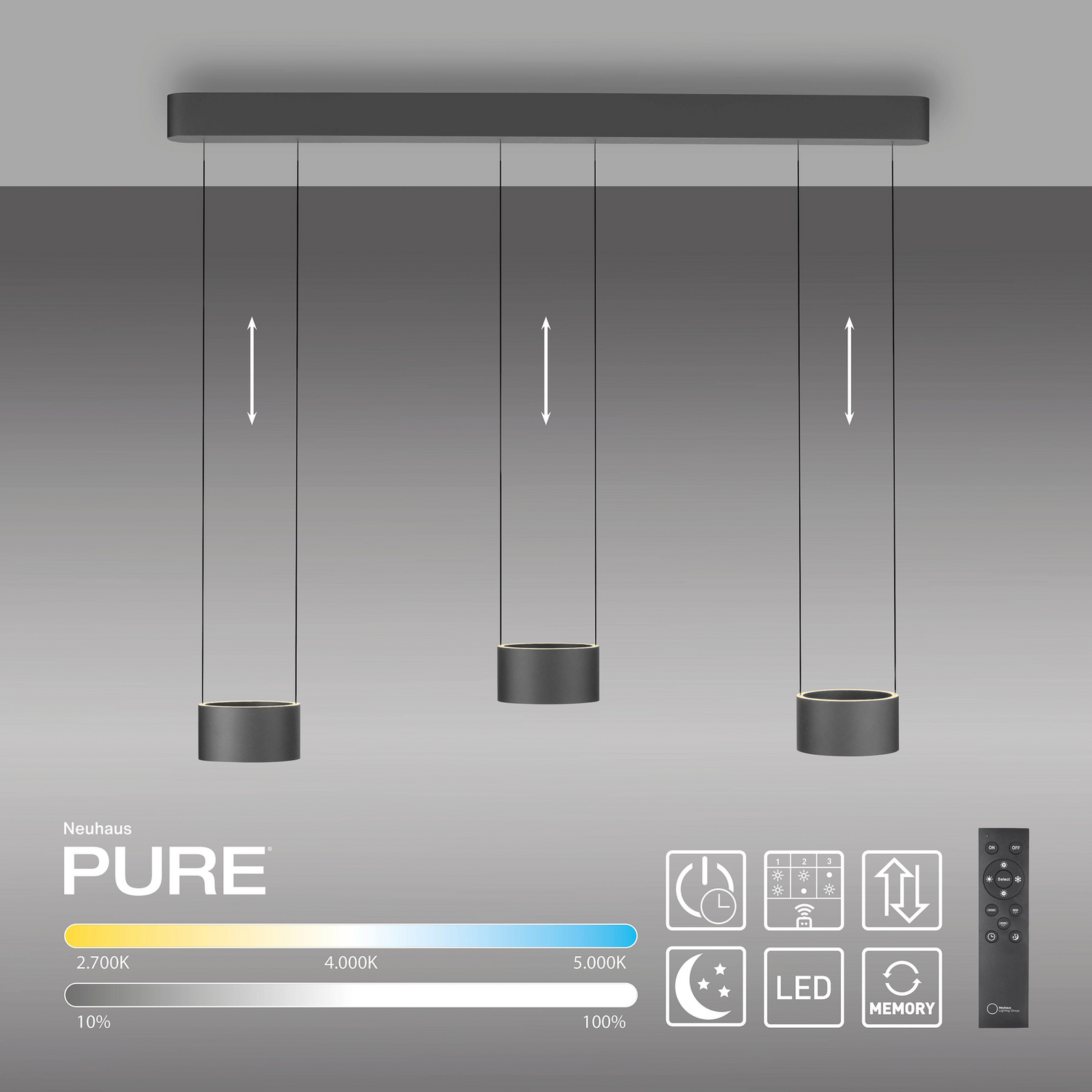 PURE LED-Hängelampe Clipse, grau, Länge 110 cm, CTT, 6-flg.