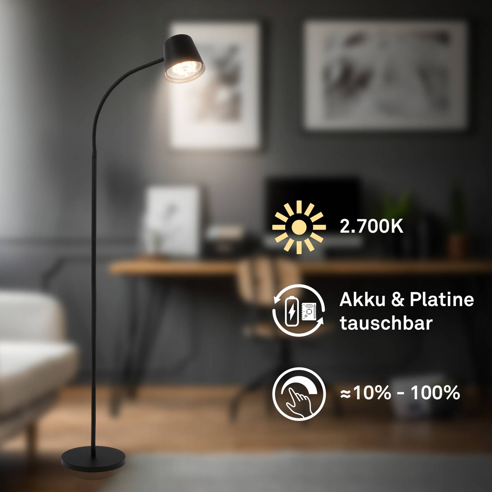LED-Akku-Stehleuchte Cielo, schwarz, Touchdimmer, USB-Kabel