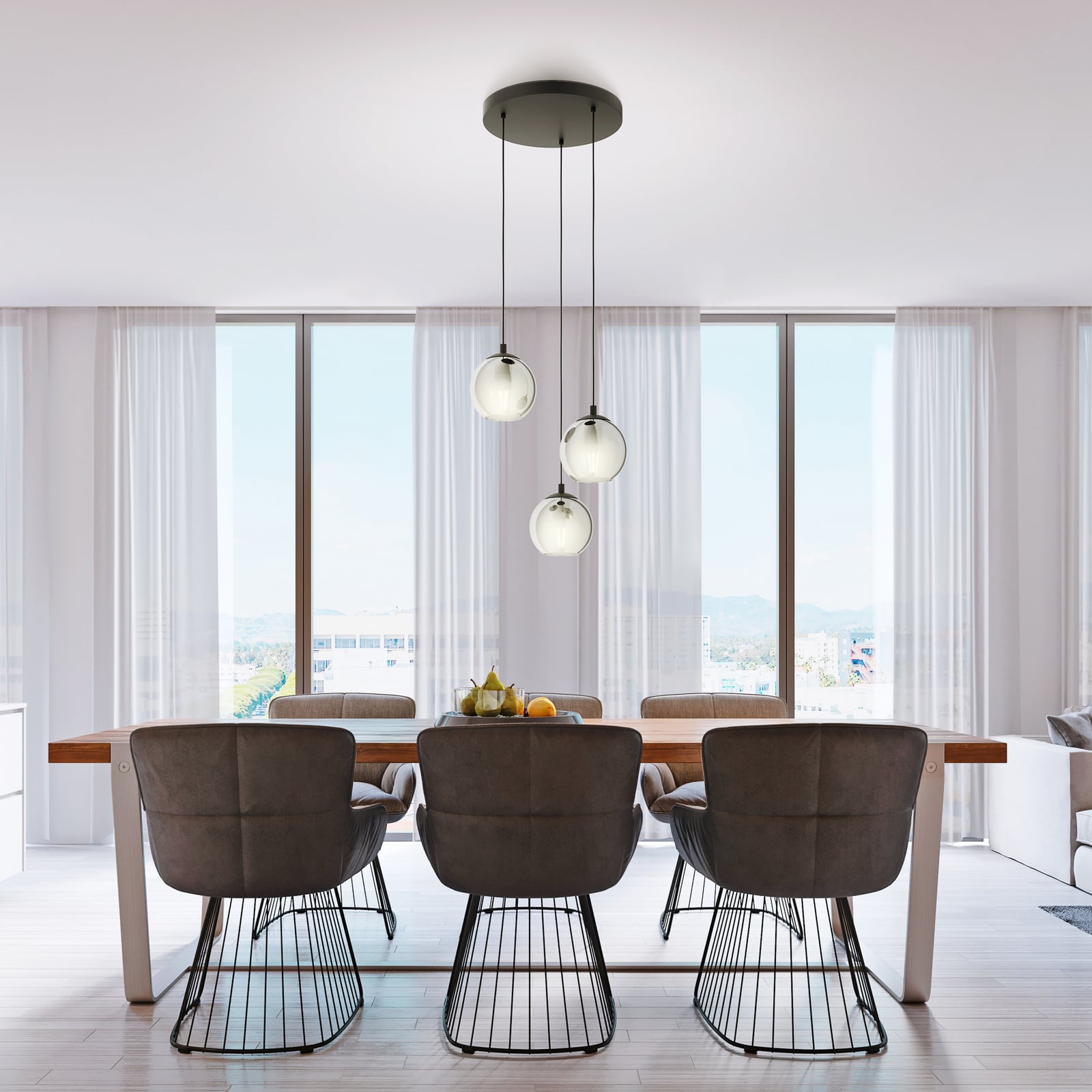 Suspension Ariscani, gris fumé, Ø 43 cm, à 3 lampes, verre, E27